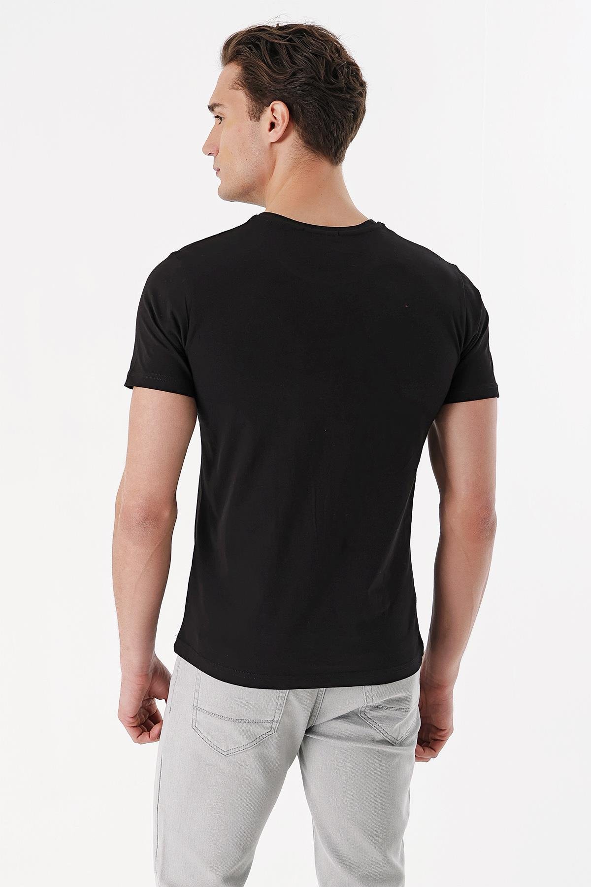 Morven Erkek Siyah Bisiklet Yaka Trend Baskılı Slim Fit Rahat Kesim T-Shirt