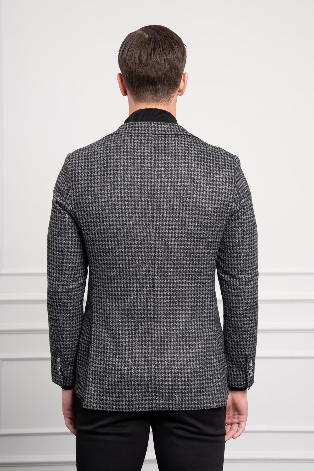 Morven Erkek Siyah Dokuma Slim Fit Dar Kesim Mono Yaka Ceket | Morven