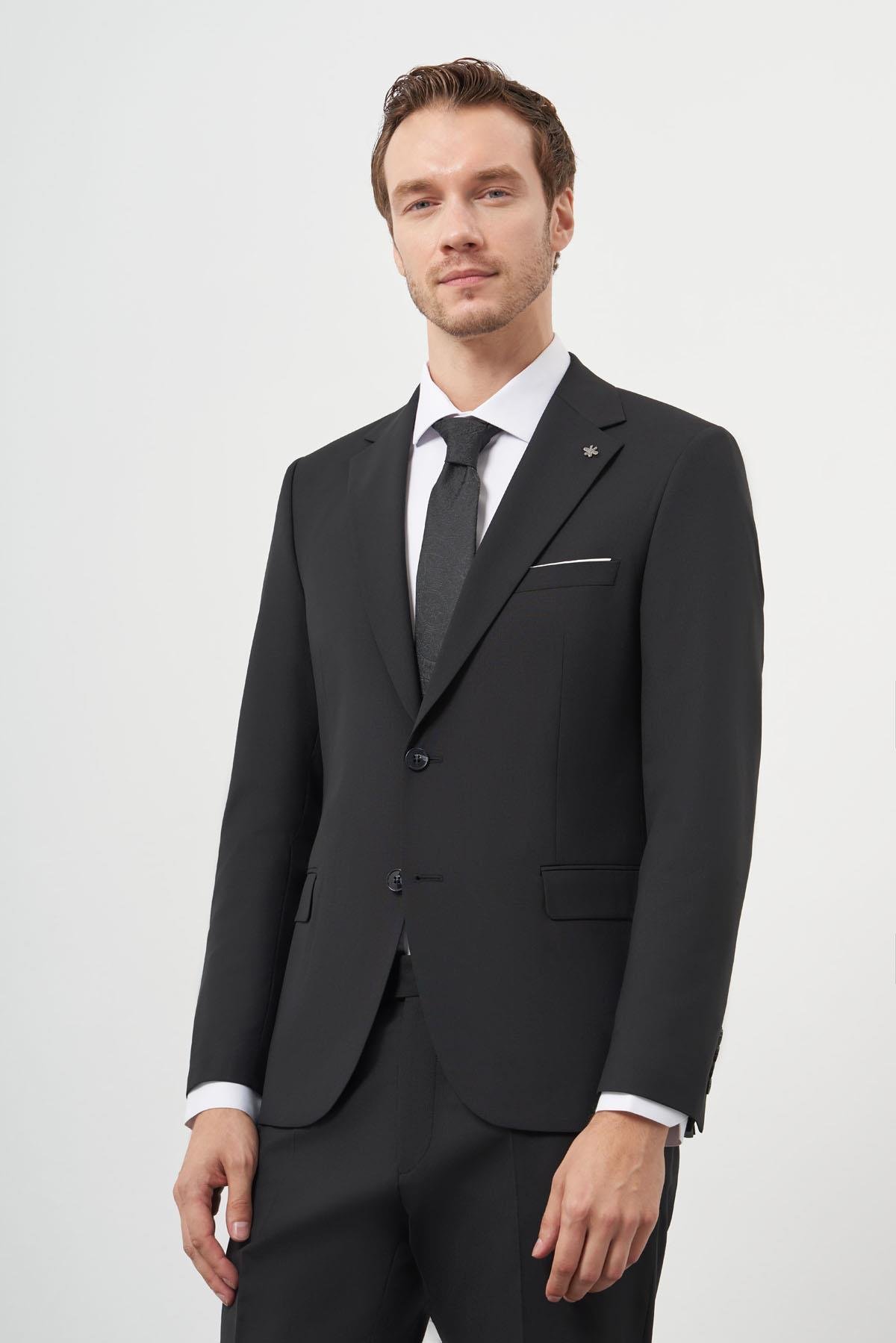 Morven Erkek Siyah Yünlü Slim Fit Mono Yaka Takım Elbise