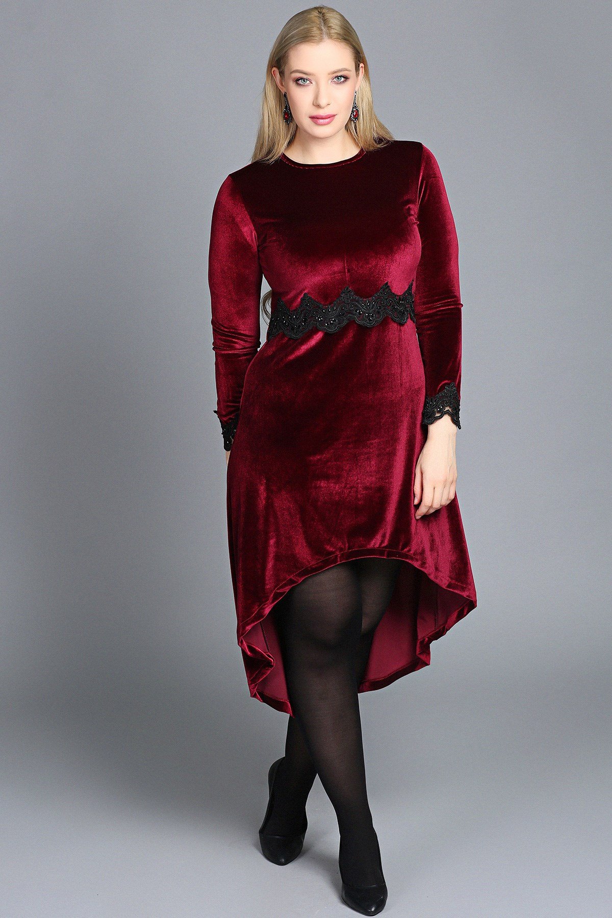 Bordo Güpürlü Kadife Elbise | Womenice