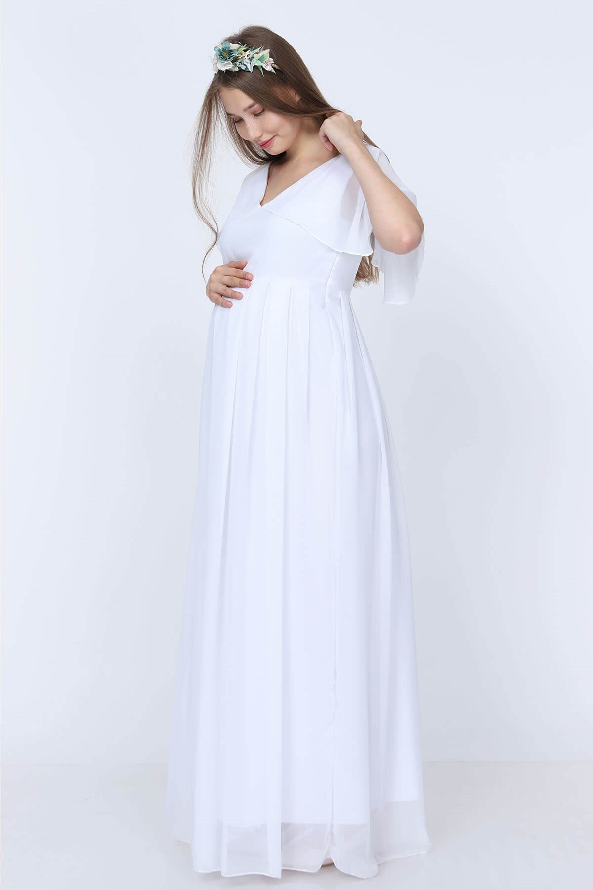 Melek Kol Şifon Hamile Elbise-Beyaz| Moda Labio