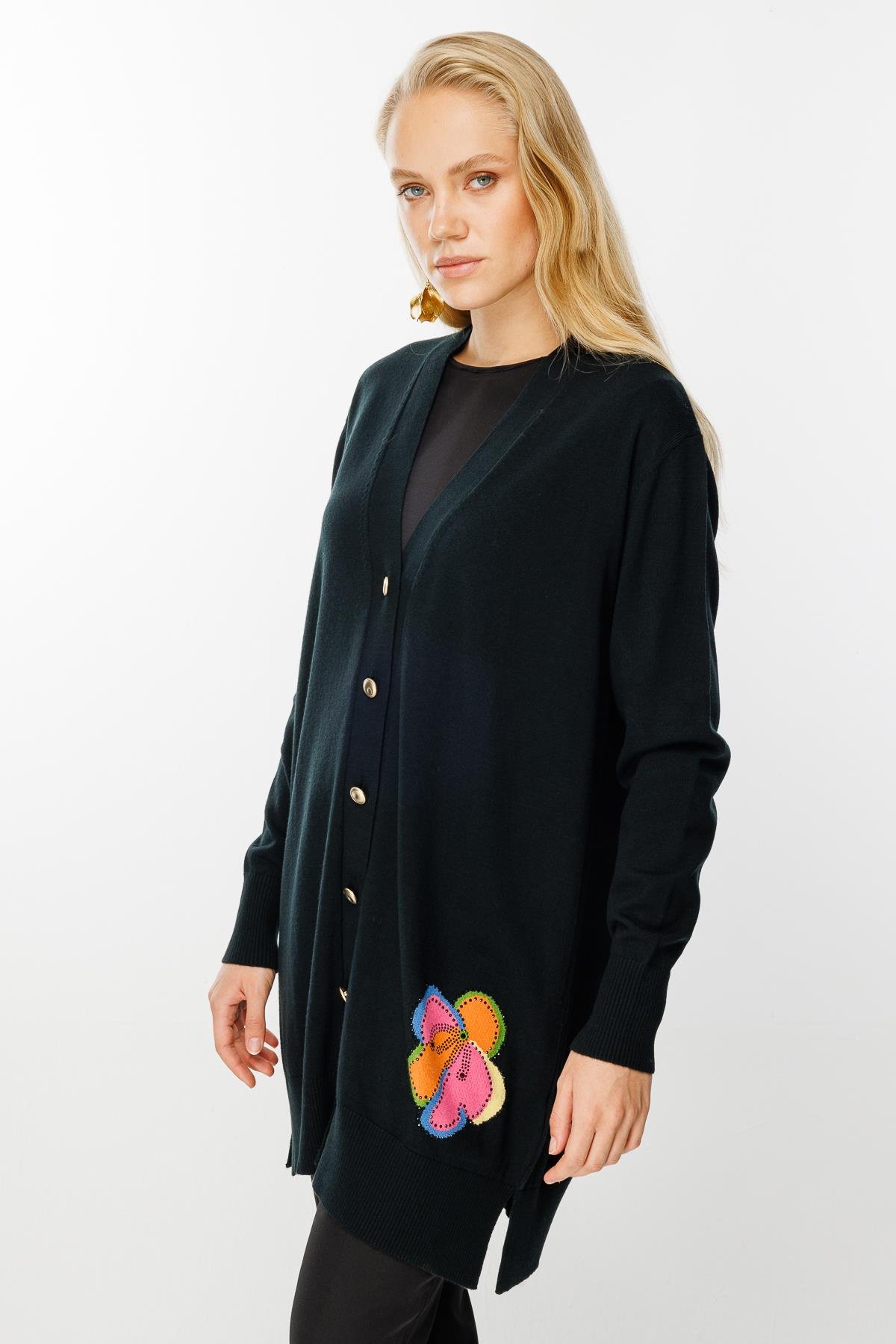 Ghisa Çiçek Desenli Triko Hırka SİYAH