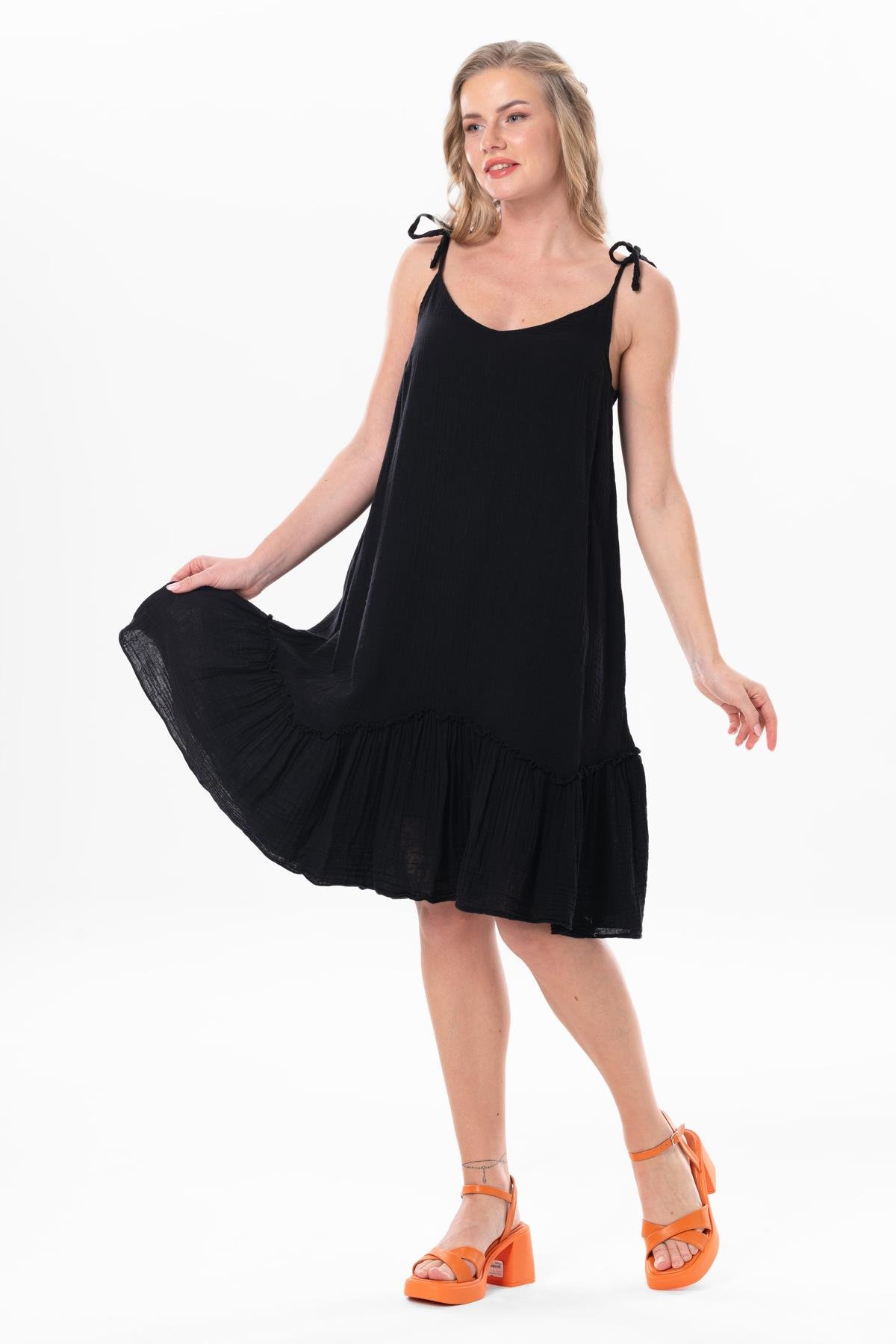 Strappy Muslin Serra Flounce Short Dress Black | silemoda.com Strappy Muslin Serra Flounce Short Dress Black | silemoda.com