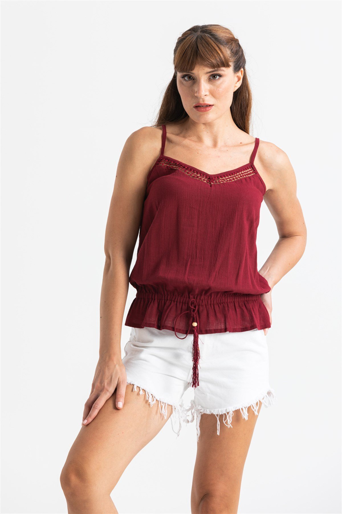 Strappy Sile Fabric Damla Blouse Burgundy