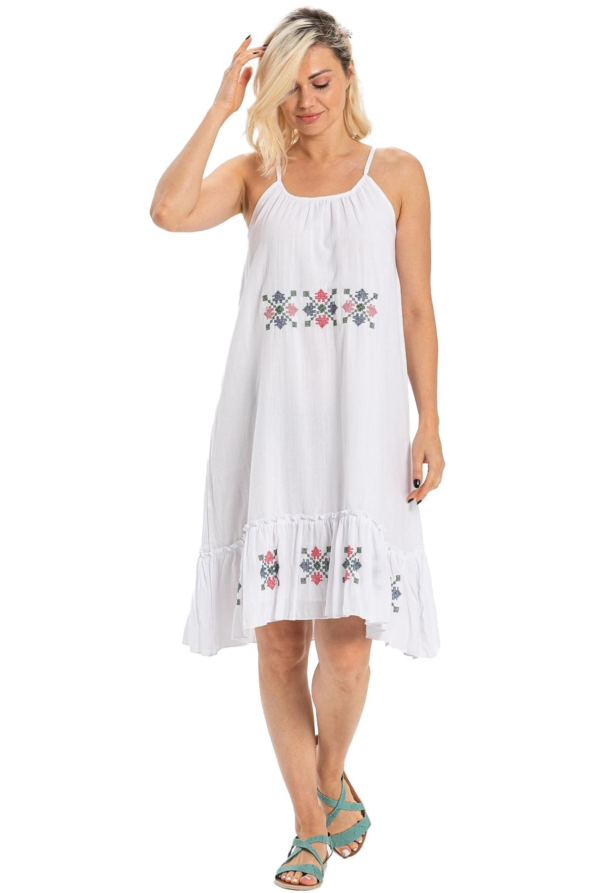 Askılı Şile Bezi Işıl Kısa Yazlık Elbise Beyaz | silemoda.com