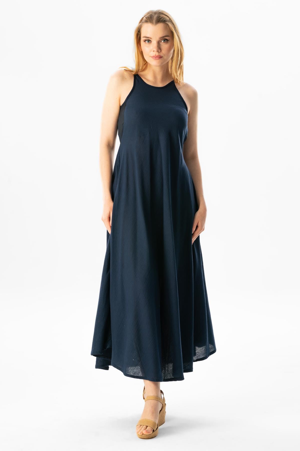 Strappy Sile Fabric Sima Long Dress Navy Blue | silemoda.com Strappy Sile Fabric Sima Long Dress Navy Blue | silemoda.com