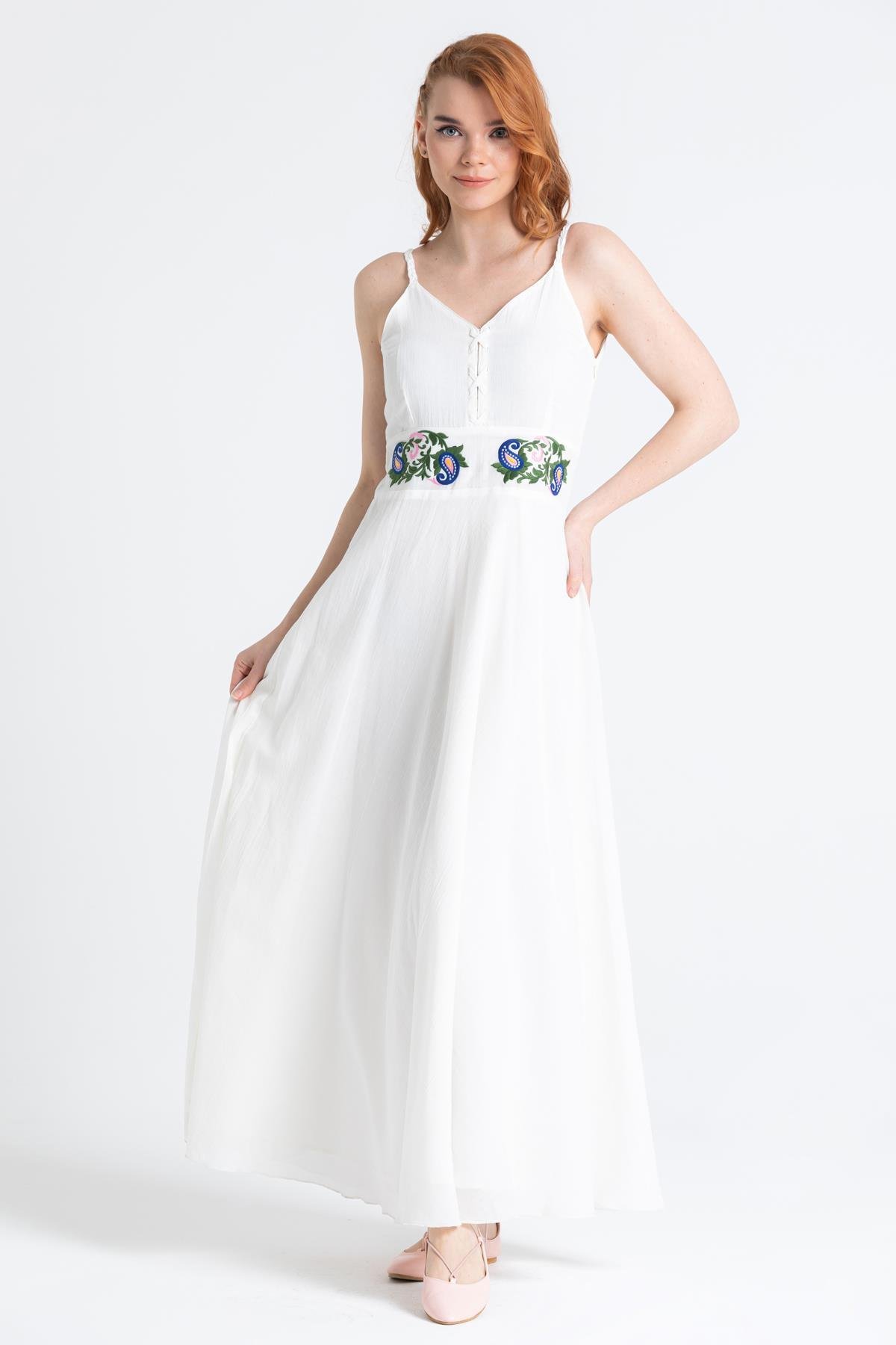 Strap Voile Seyran Embroidered Long Dress Cream | silemoda.com
