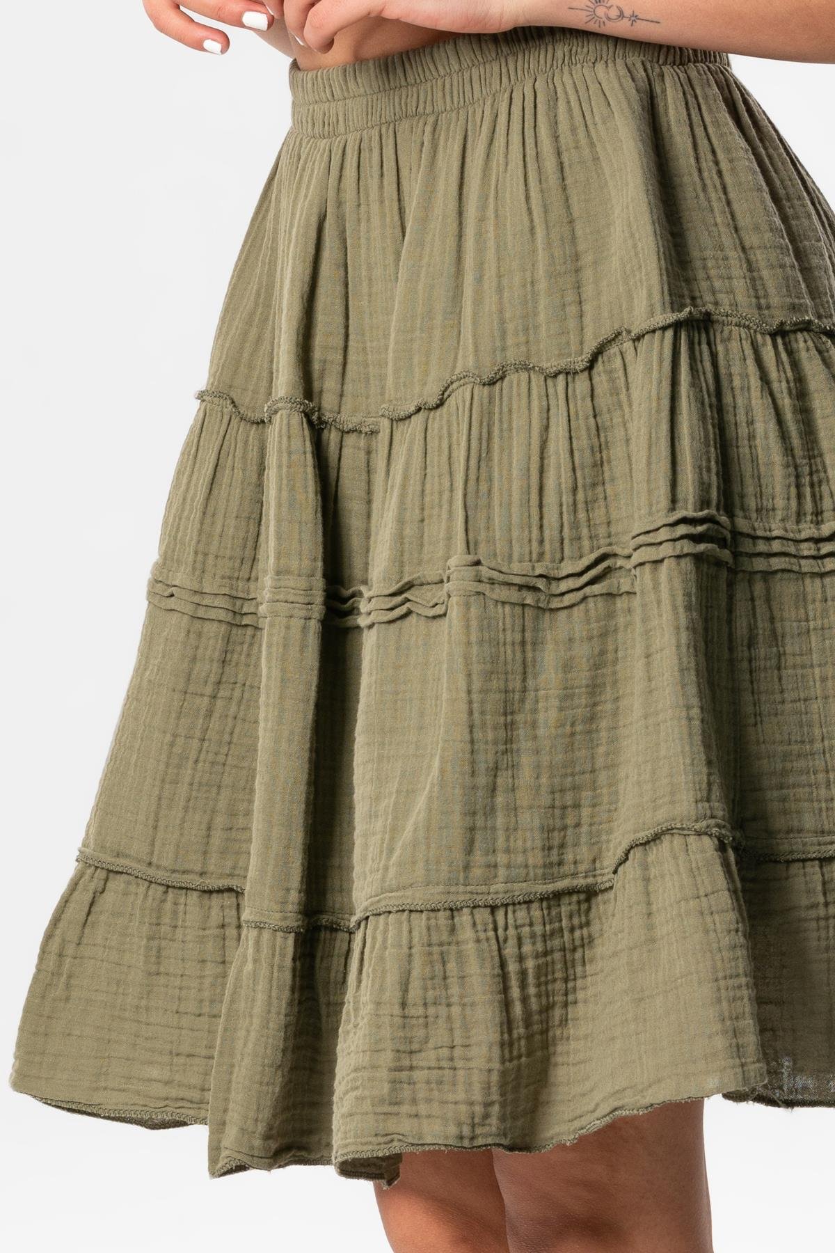 Benan Short Summer Muslin Skirt with Elastic Waist Khaki silemoda
