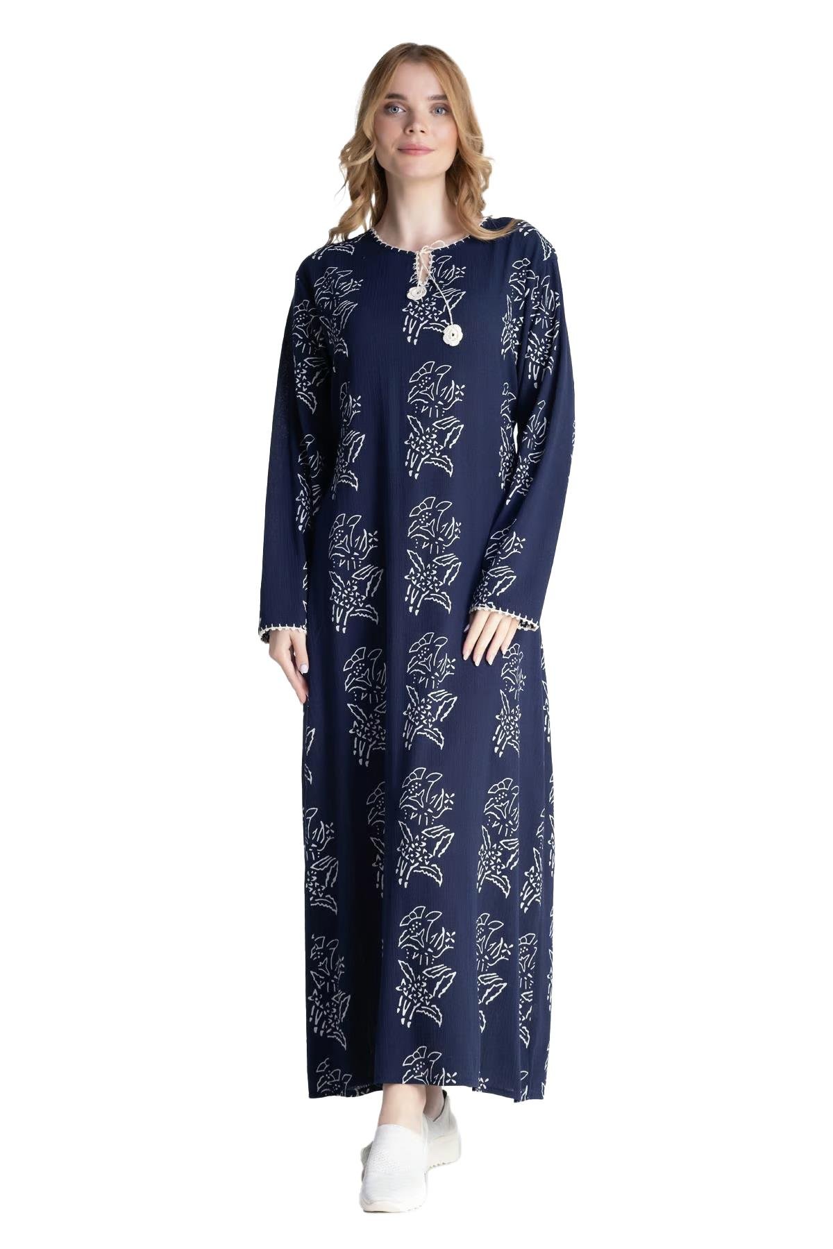 Plus Size Long Sleeve ile Fabric Long Dress Lily Pattern Navy