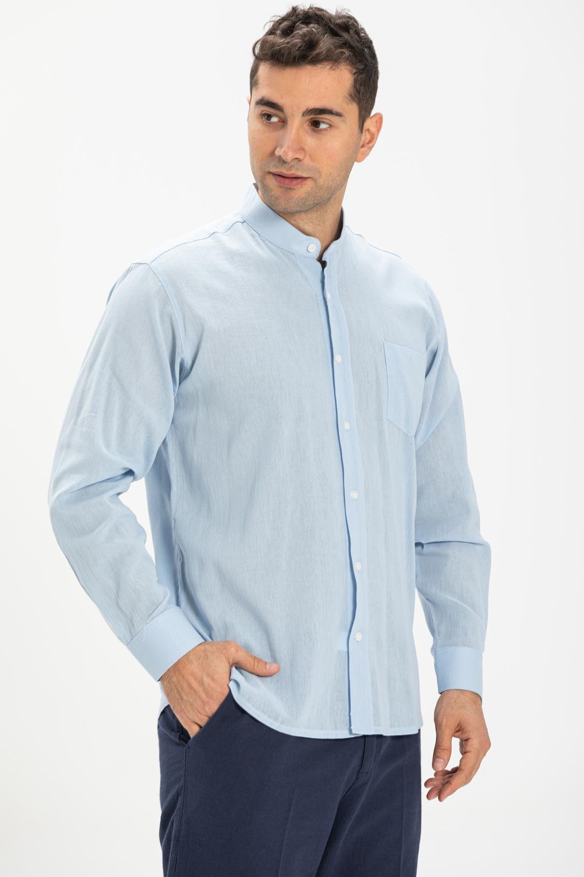 Plus Size Long Arm Sile Fabric Khakim Collar Men Shirt Ice Blue |  silemoda.com