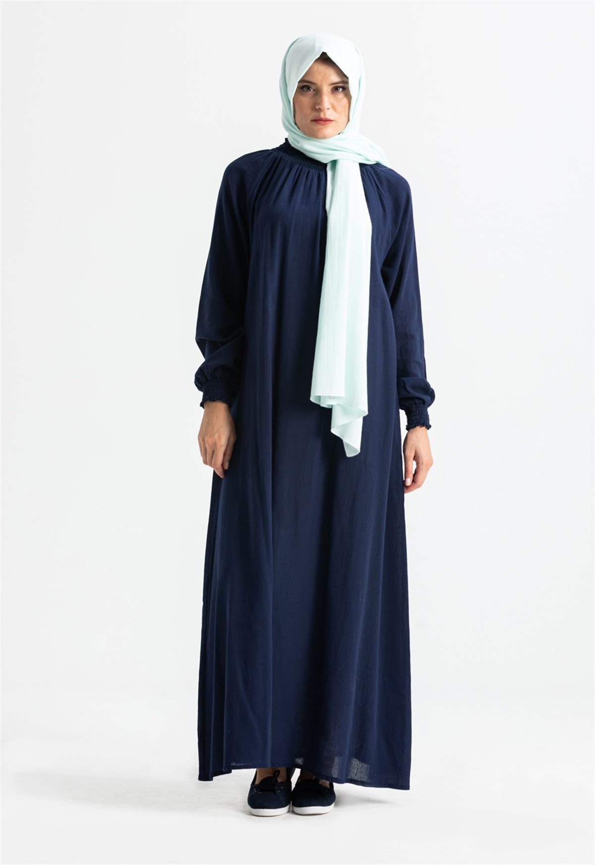 Kadın Şile Bezi %100 Pamuk Namaz Elbisesi Tek Parça Kolay Boydan Giyilen  Kolu ve Yakası Lastikli Lacivert | silemoda.com