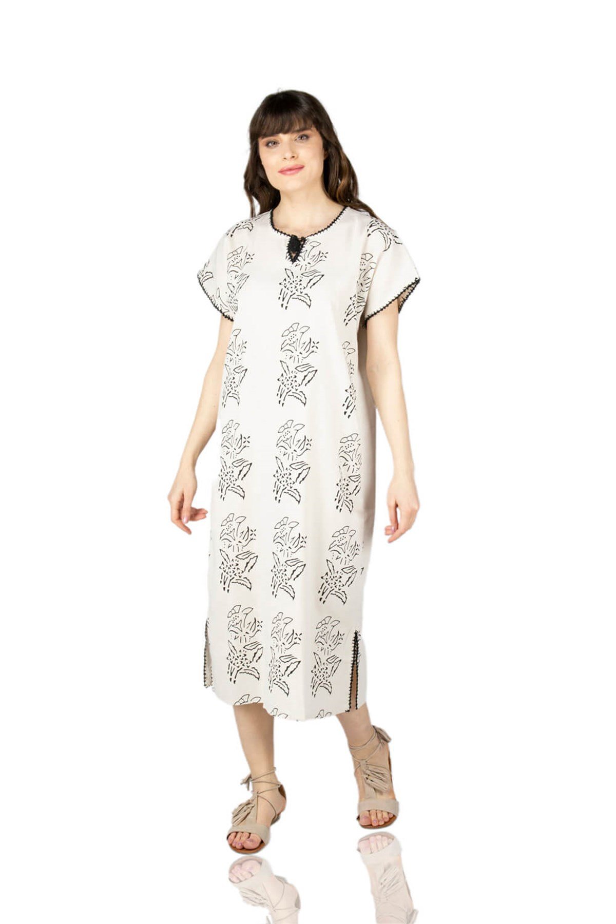 Short Sleeve Sile Fabric Printed Midi Length Dress Lily Pattern Stone Color Color silemoda