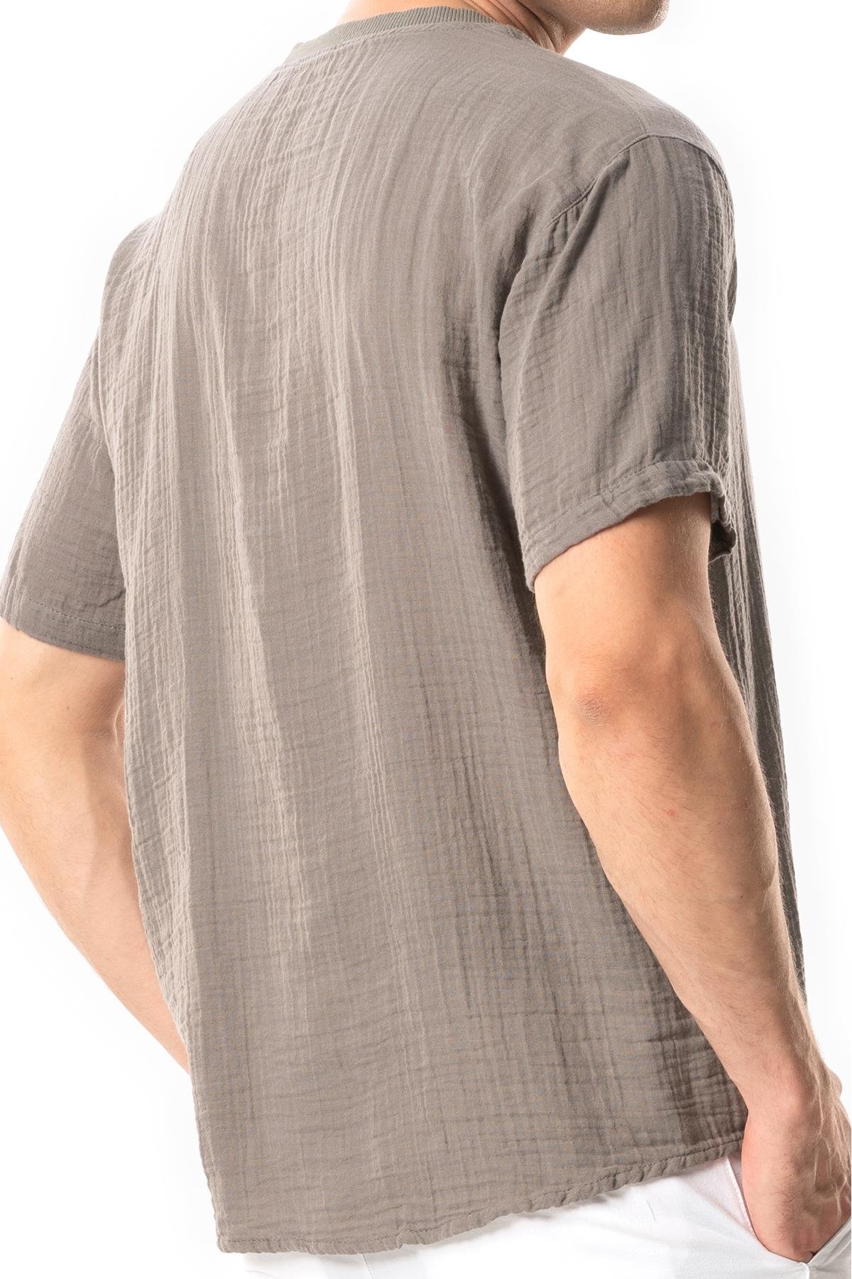 Kısa Kol Erkek Ribanalı Yazlık Müslin Tshirt Gri Gri
