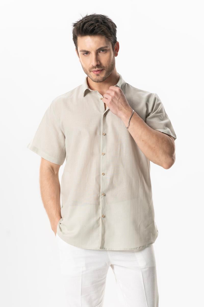 Short Sleeve Poplin Akdeniz Men's Summer Shirt Stone | silemoda.com