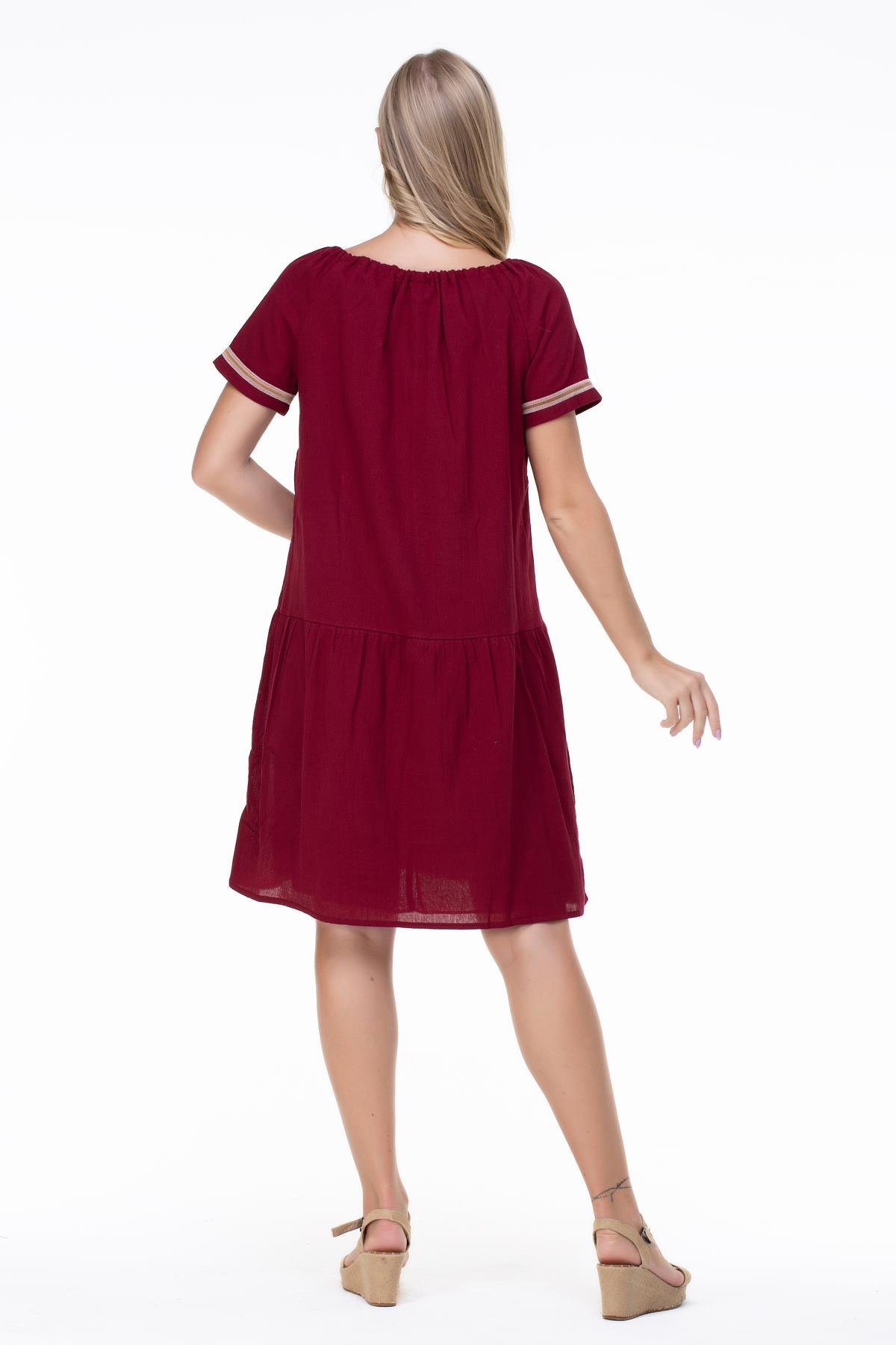 Short Sleeve ile Cloth Yasmin Embroidered Short Dress Burgundy silemoda
