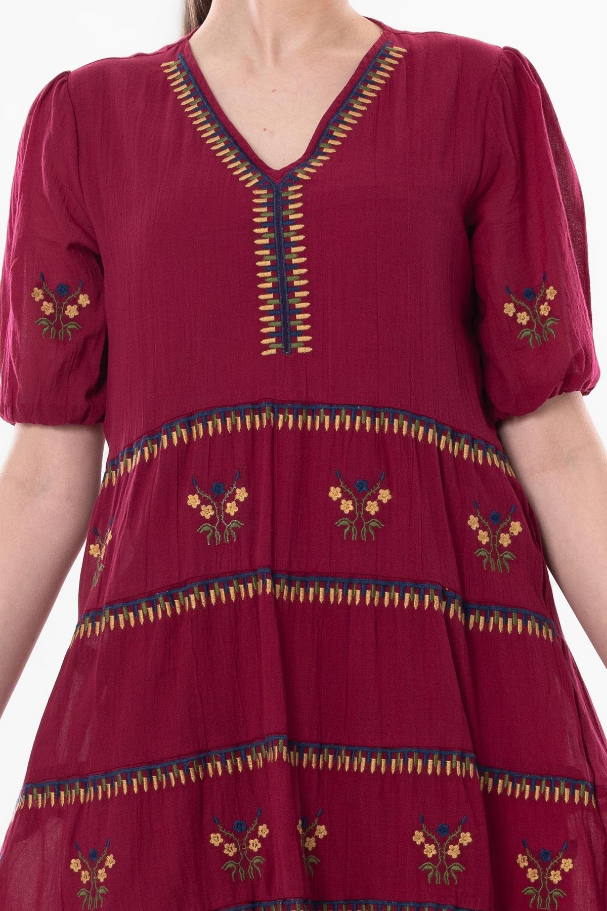 Short Sleeve Voile Embroidered V-Neck Reyhan Long Dress Burgundy