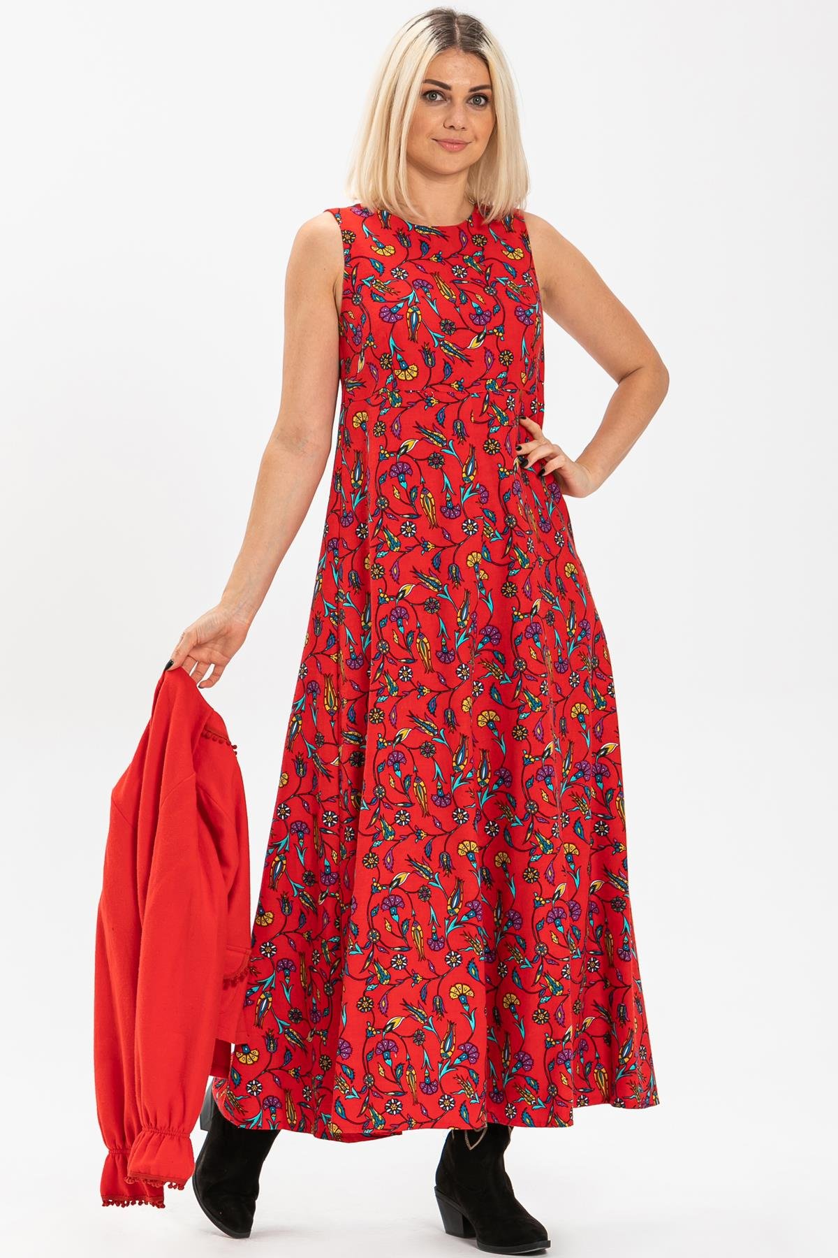 Kosluz Pazen Selen Elbise Çini Desen Kırmızı | silemoda.com