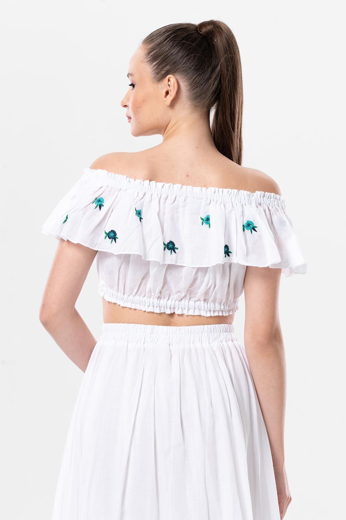 Lavinya Voile Elastic Detailed Embroidered Summer Crop Blouse White