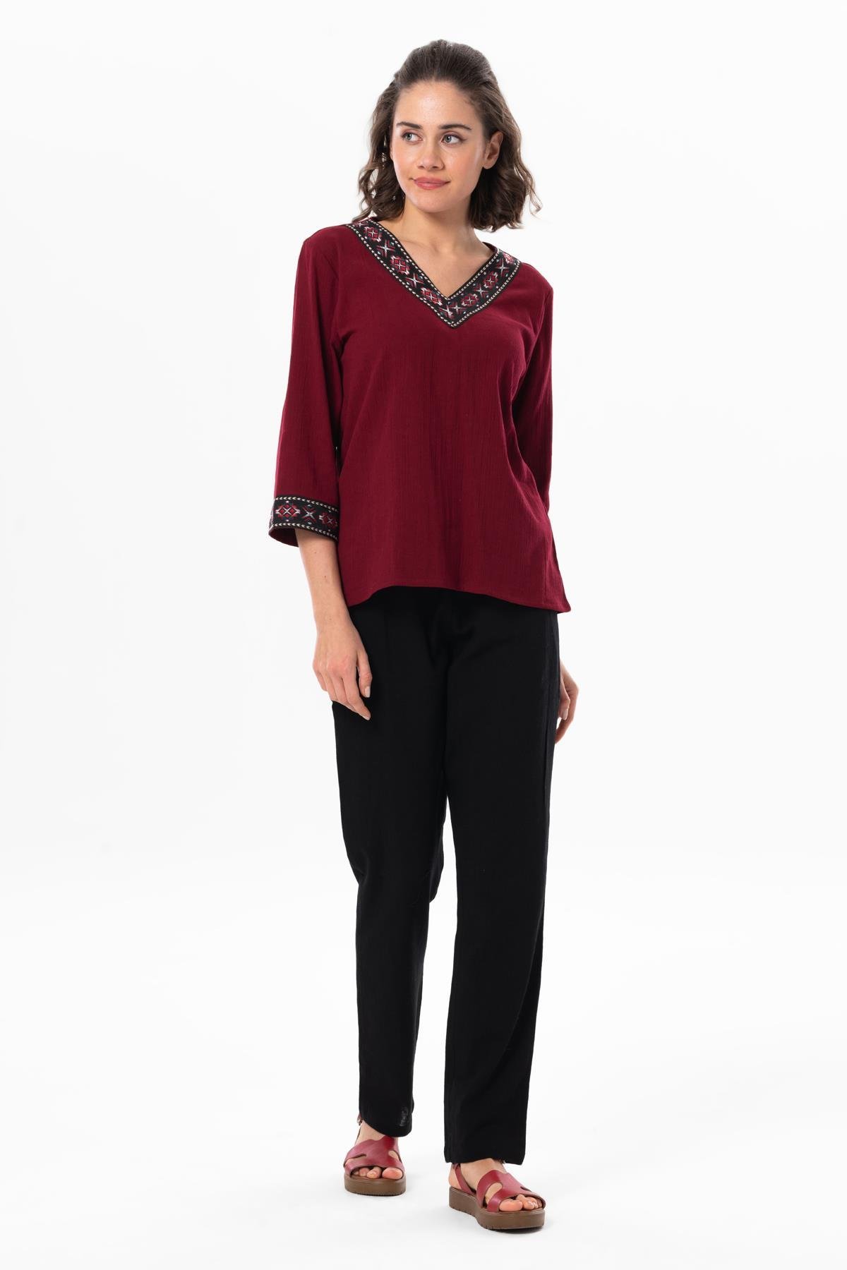 Truvakar Sleeve V-Neck Embroidered Talya Şile Cloth Summer Blouse Claret Red