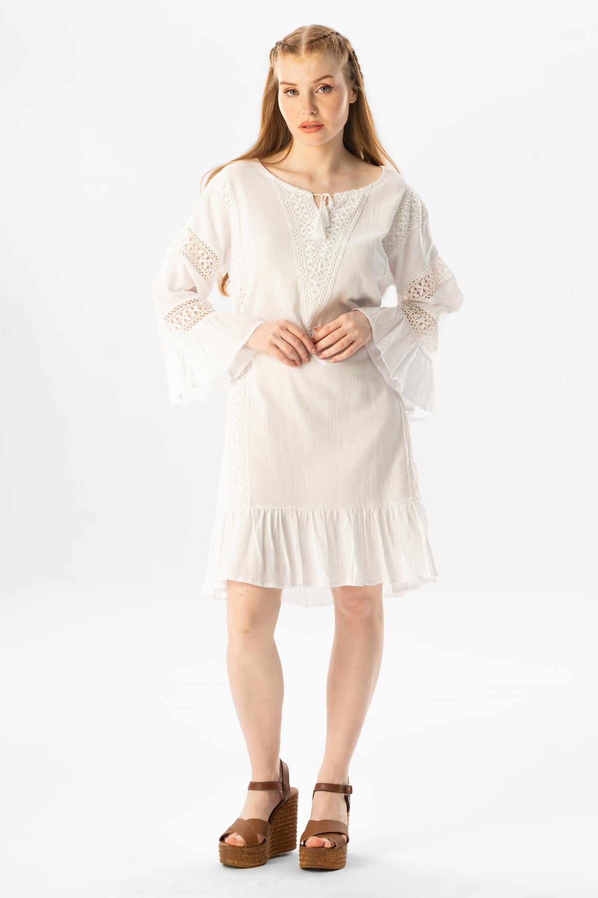 Long Sleeve ile Fabric Baak Short Dress Cream | silemoda.com