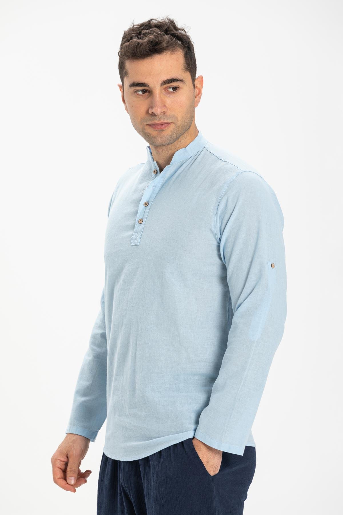 Long Sleeve Şile Fabric Bodrum Men's T-Shirt Ice Blue | silemoda.com