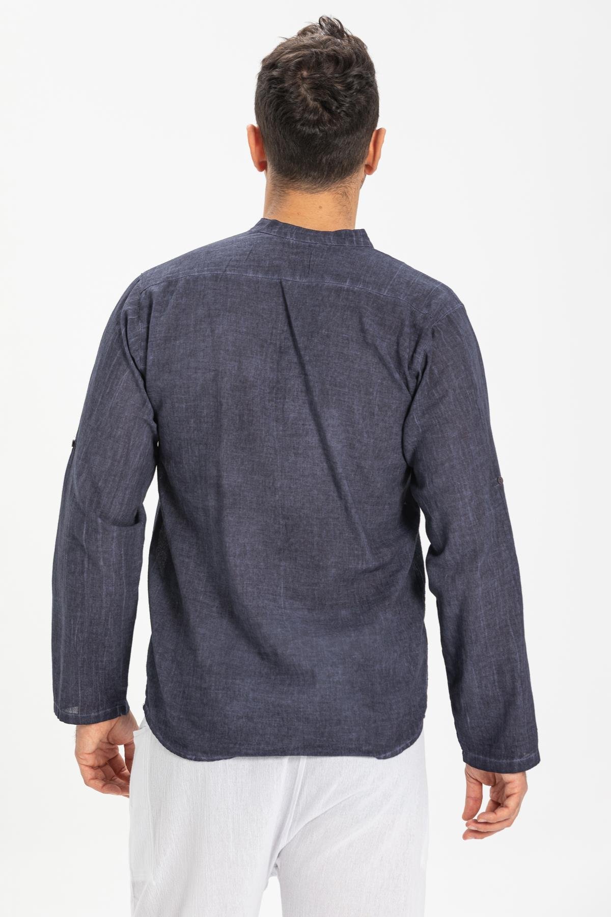 Long Sleeve Şile Fabric Bodrum Men's T-Shirt İndigo | silemoda.com