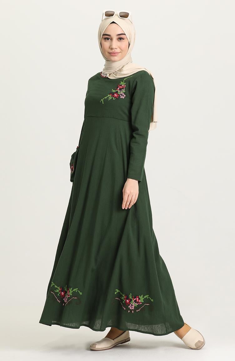 Uzun Kol Şile Bezi Burçak Uzun Tesettür Elbise Yeşil | silemoda.com