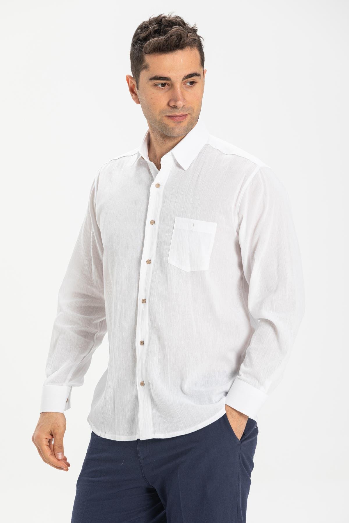 Uzun Kol Şile Bezi Tek Cepli Erkek Yazlık Gömlek Beyaz | silemoda.com