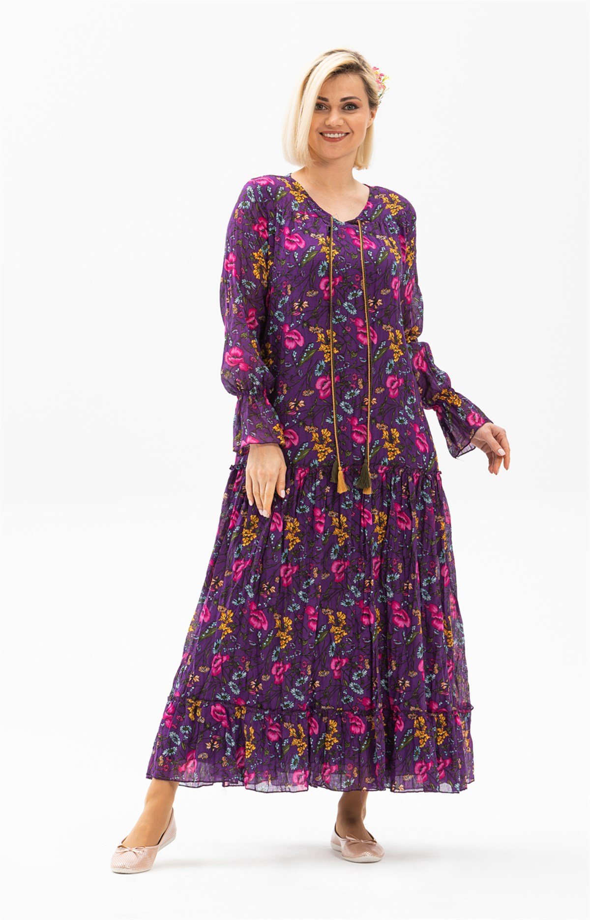 Long Sleeve Voile Gonca Long Dress Gelincik Pattern Purple