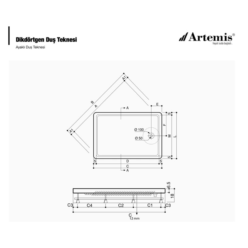 Artemis Dikdörtgen Duş Teknesi 90x80 cm Panelli ve Ayaklı 20170606701028 |  Bauzade
