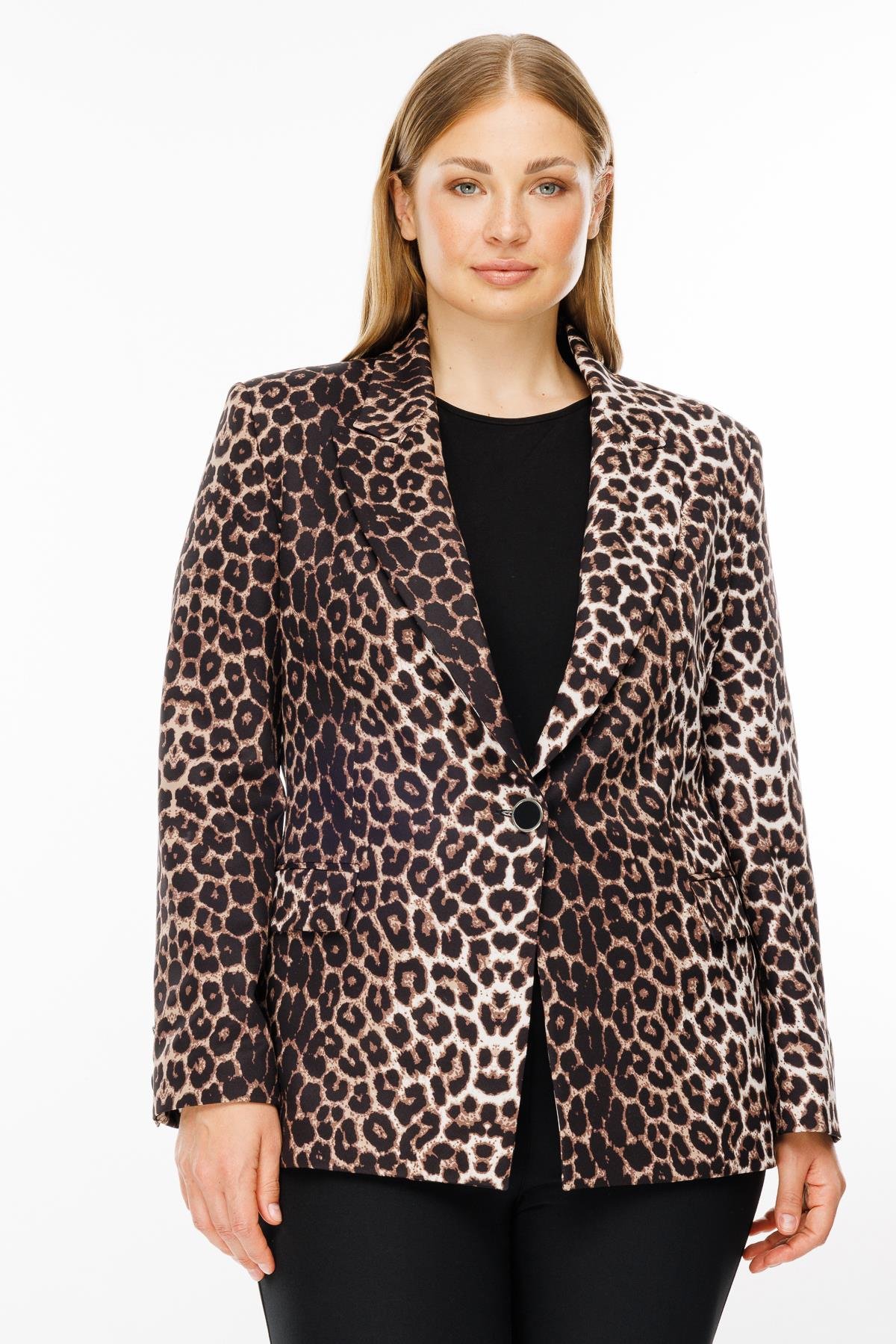 ame♡ Modailgi Leopar Desen Mono Yaka Tek Düğme Ceket Siyah