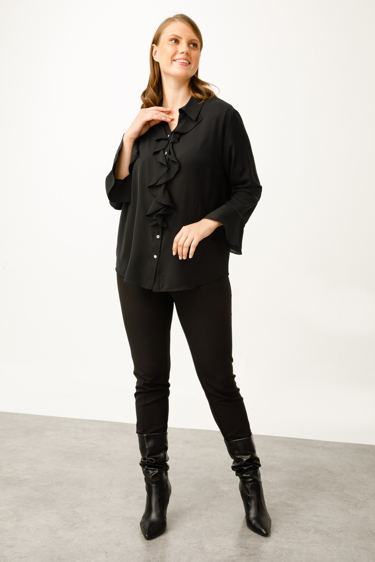 Modailgi Volan Detaylı Gömlek SiyahModailgi | Kadın Giyim Modelleri
