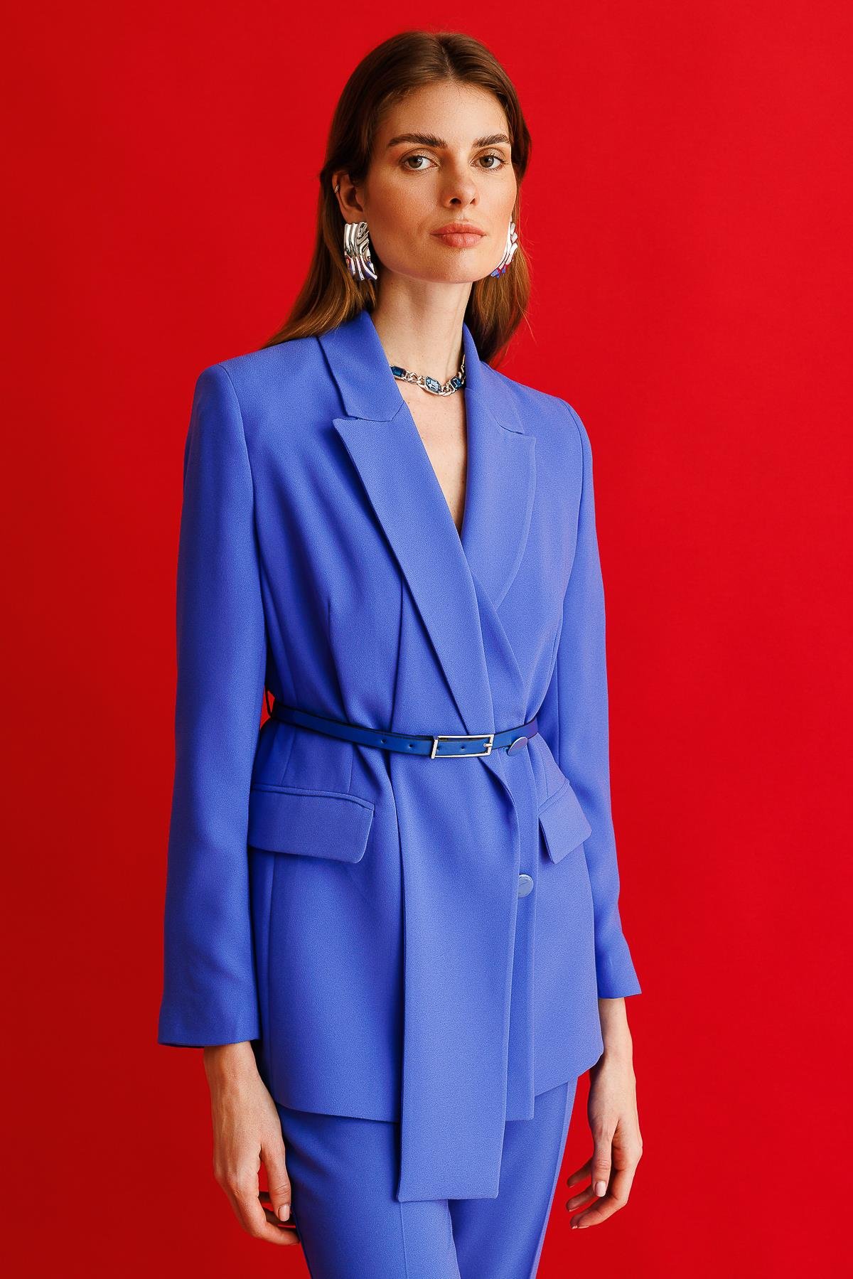 Modailgi Yakası Çift Kat Belden Kemerli Kruvaze Ceket İndigo