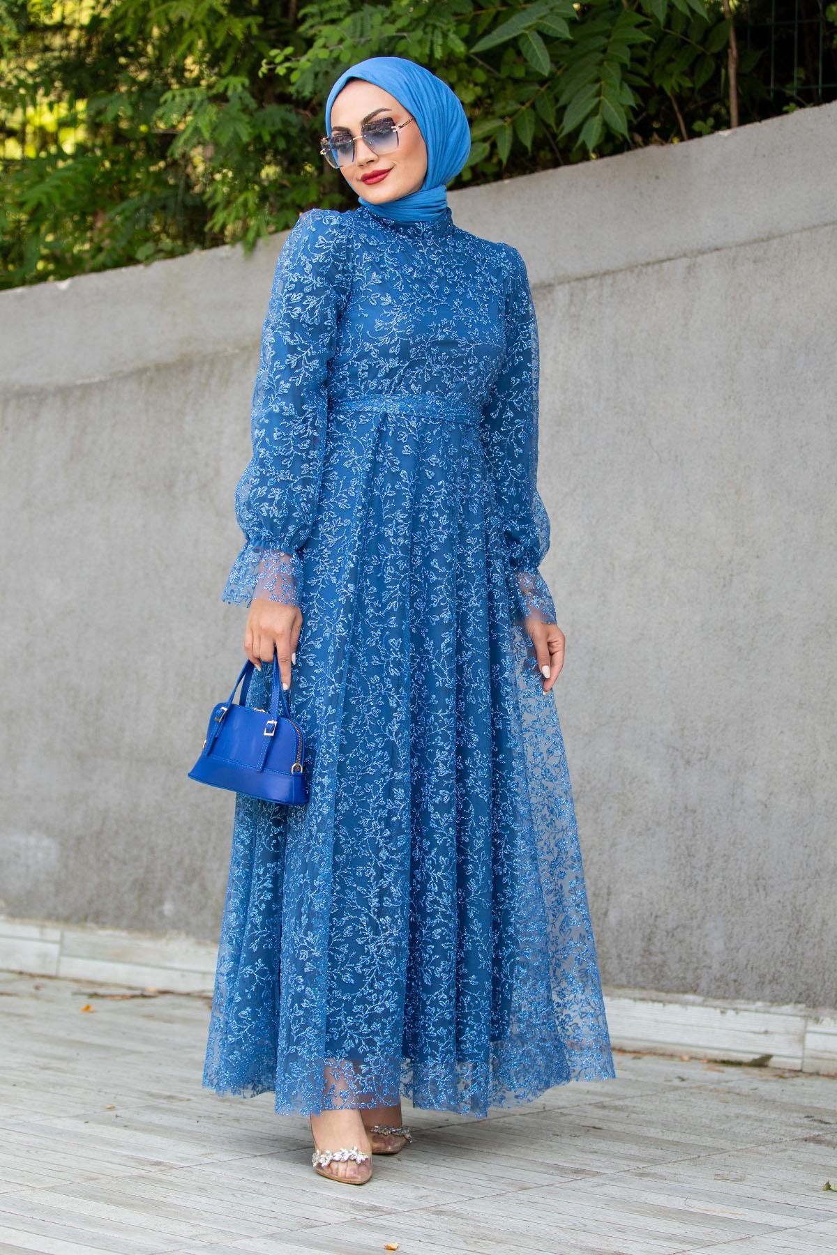 Katre Kabartmalı Simli Tesettür Abiye Elbise-Mavi