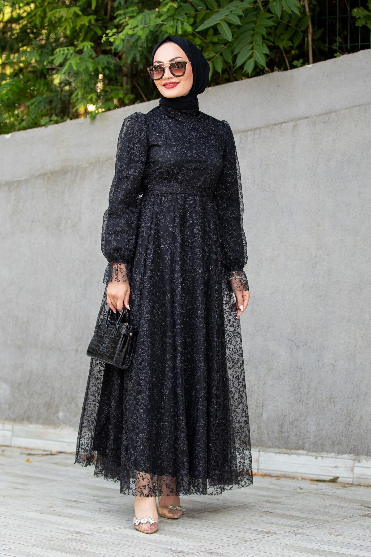 Katre Kabartmalı Simli Tesettür Abiye Elbise-Siyah