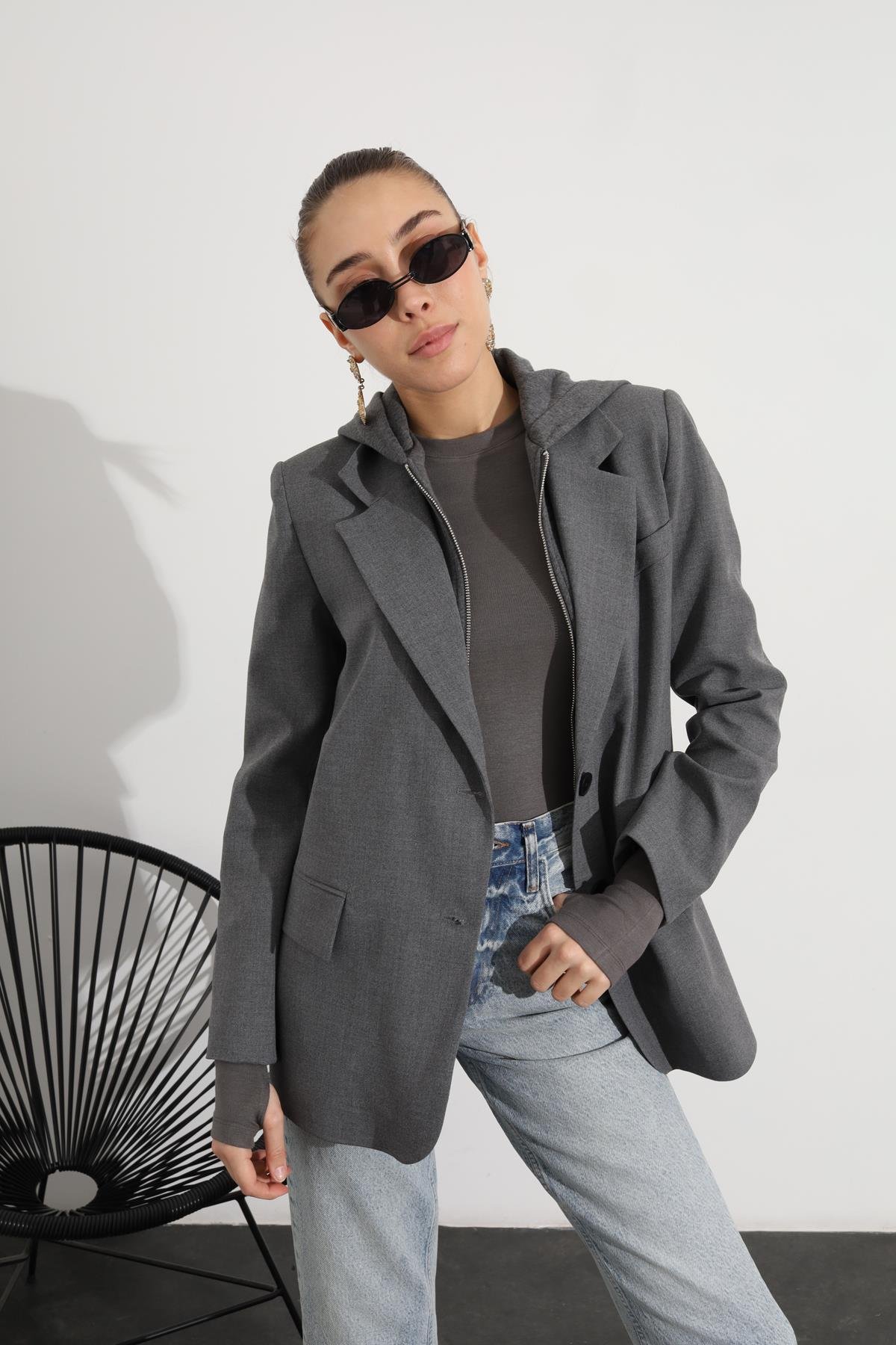 Antrasit Kapüşonlu Fermuar Detaylı Blazer Ceket 54501