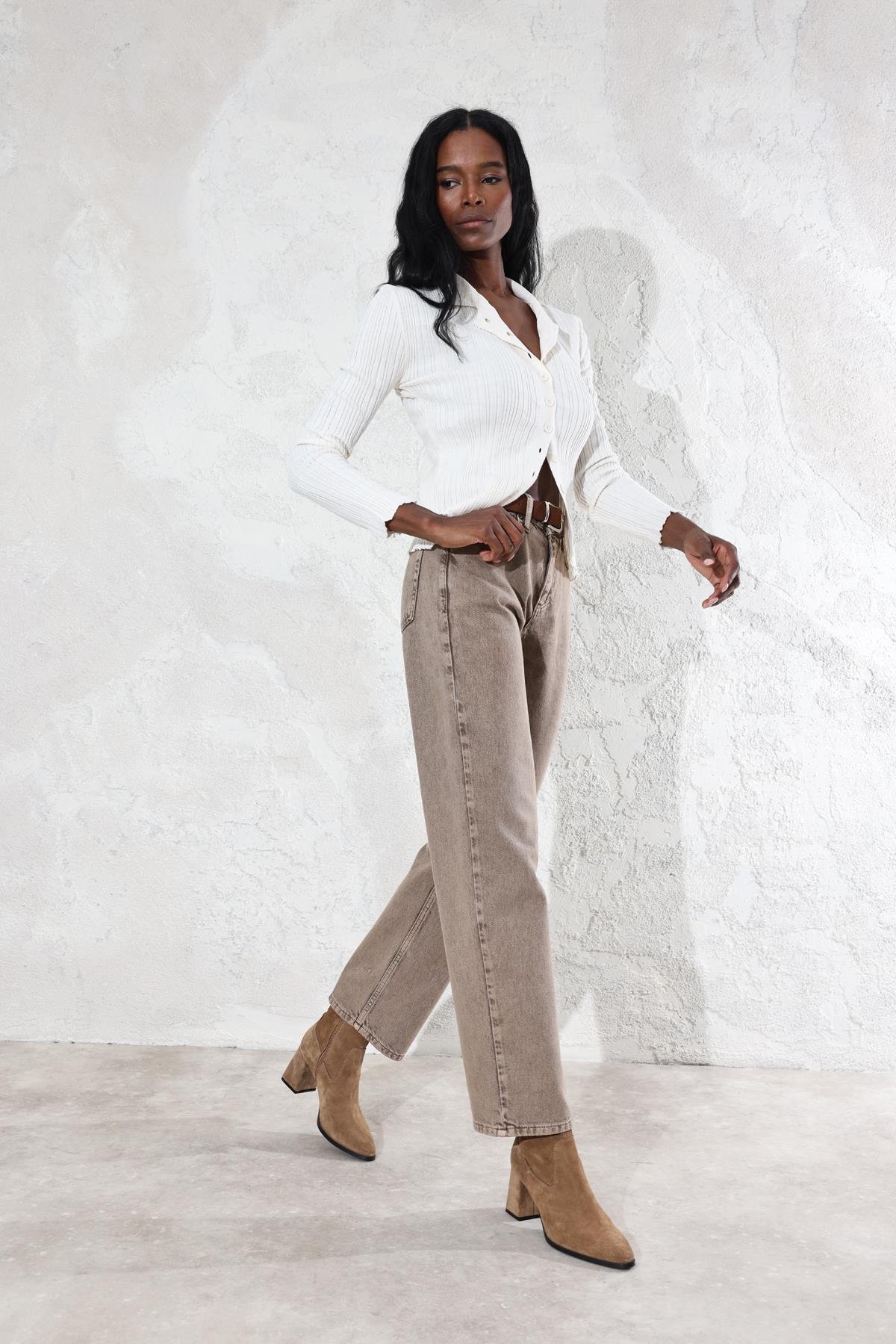 Yıkamalı Kahve Yüksek Bel Baggy Jean 704