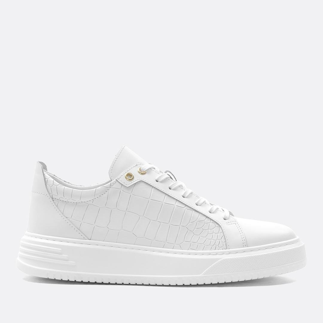 Erkek Beyaz Kroko Bağcıklı Kalın Tabanlı Deri Sneaker