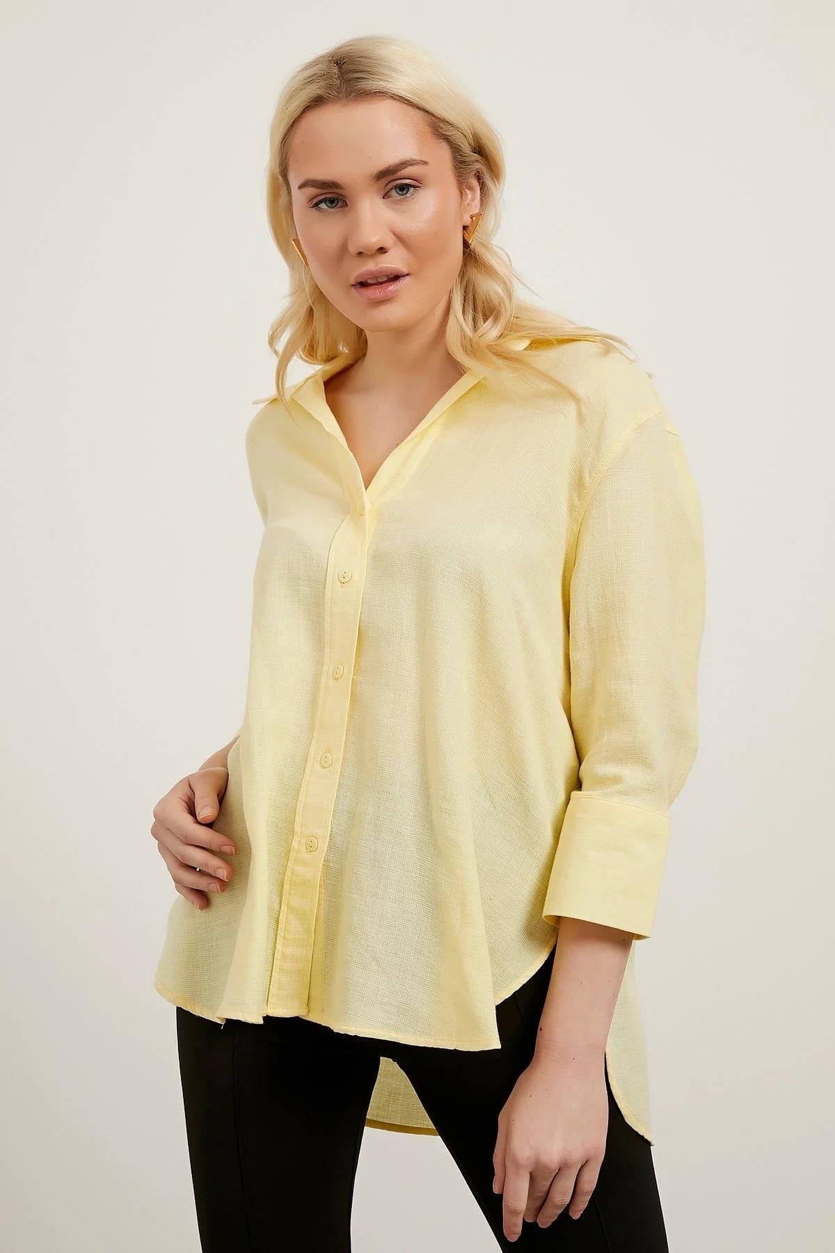 V Yaka Keten Bayan Gömlek 2219 - Sarı Bluz & Gömlek ARMALİFE Bilen Giyim
