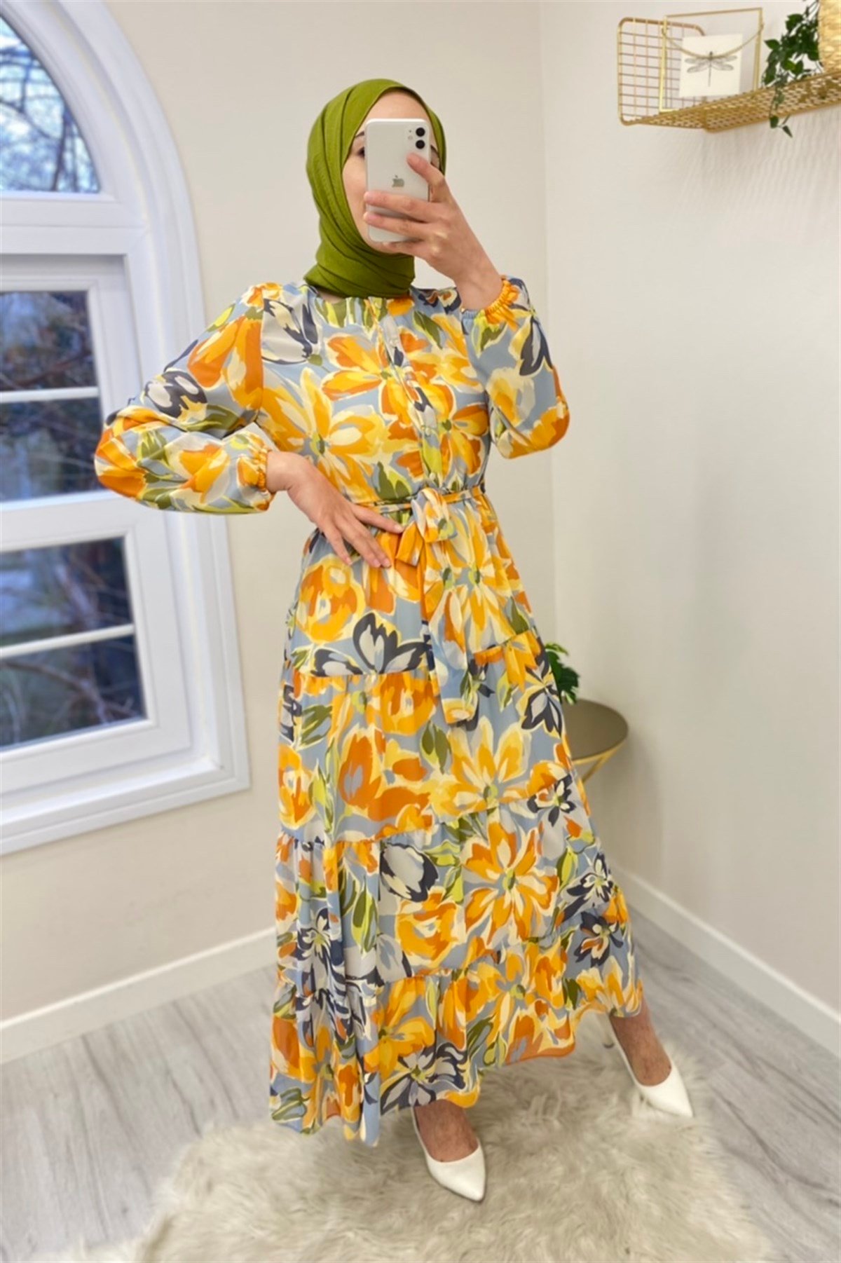 Asmiray 1107 Çiçek Baskılı Elbise - Sarı Elbise ASMİRAY - Bilen Giyim