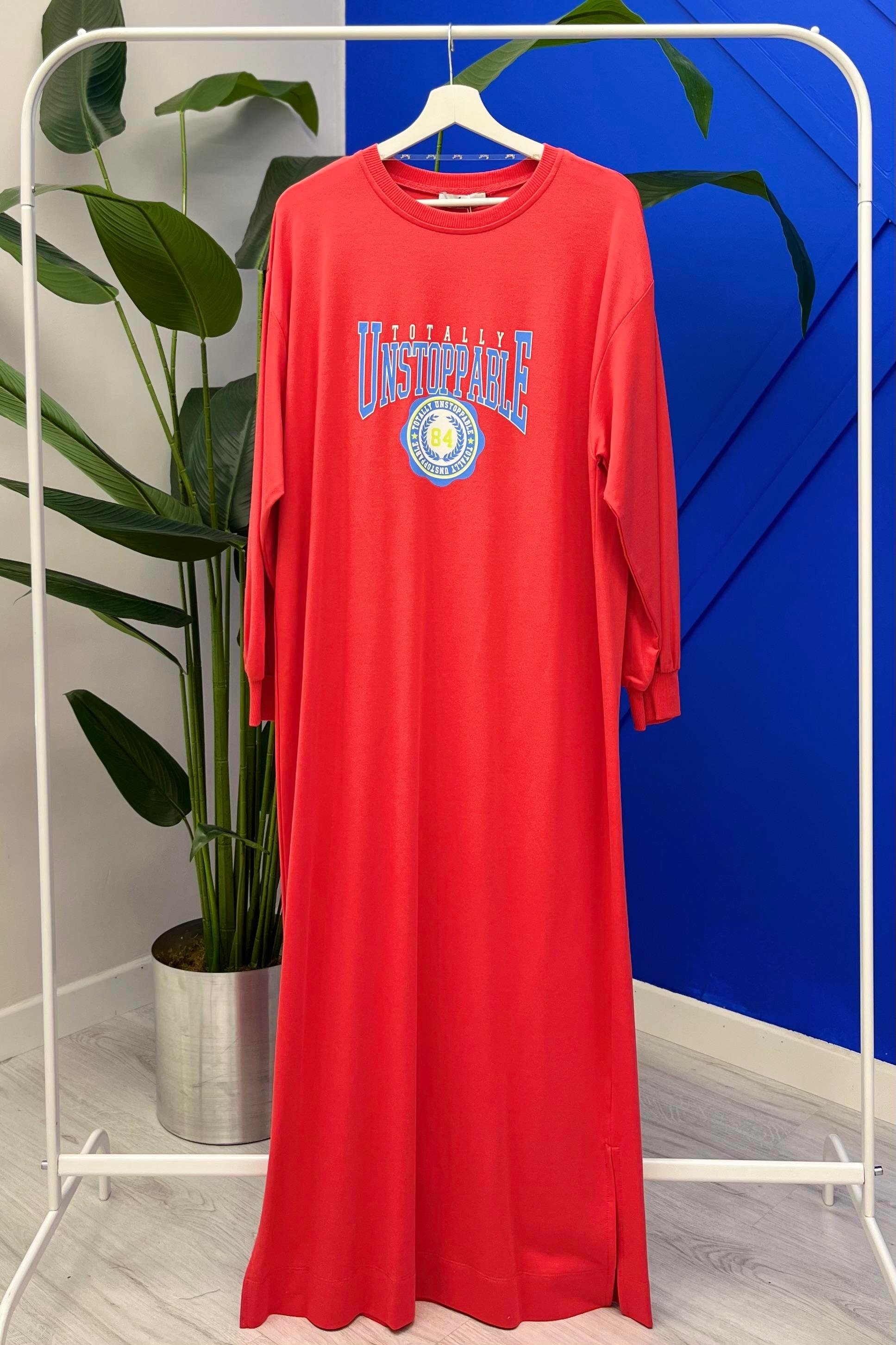 Baskılı Uzun Sweatshırt Elbise 29581 - Kırmızı - Bilen Giyim
