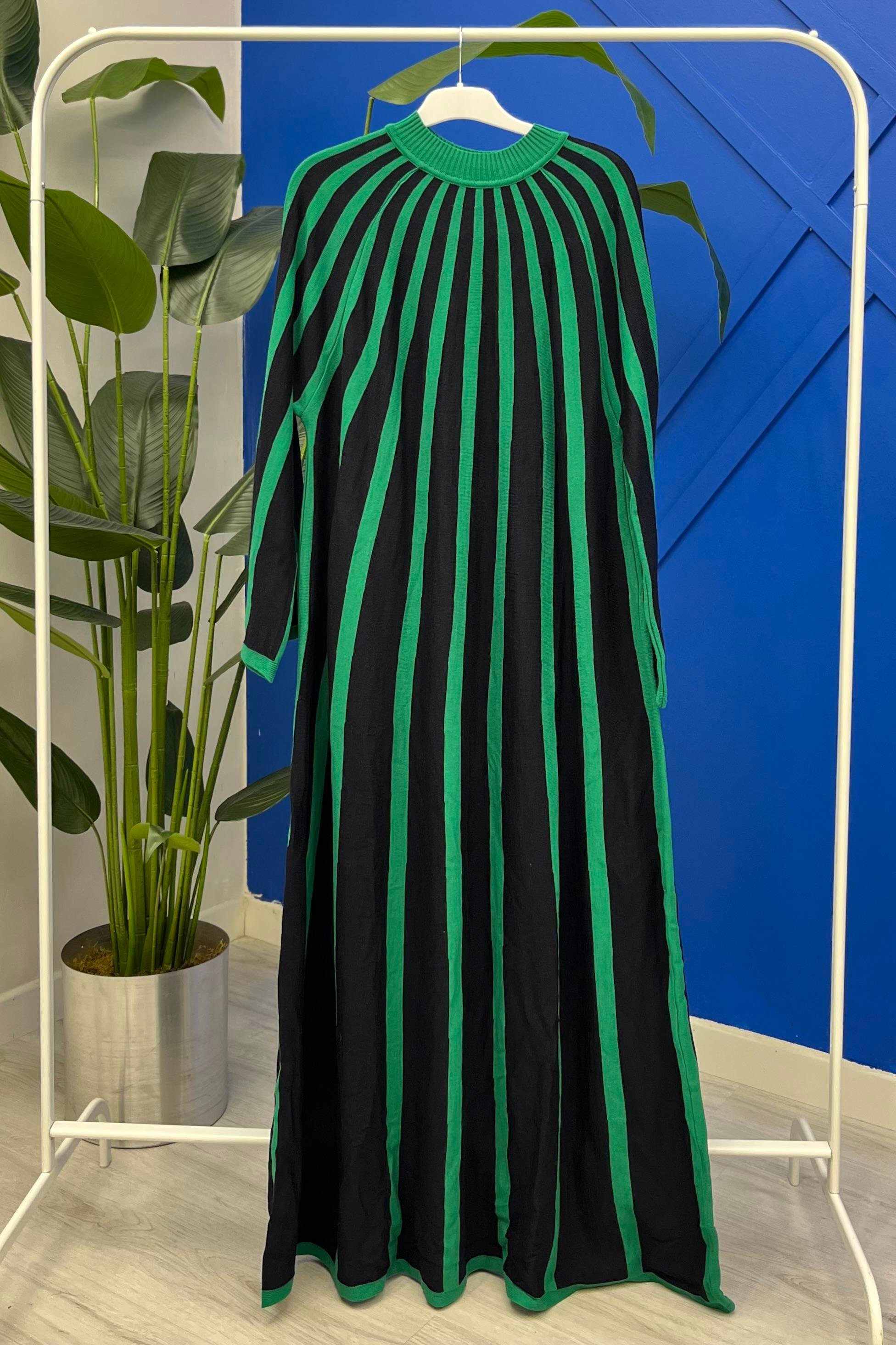 İnvee 6889 Çift Renk Detaylı Triko Elbise - Lacivert - Yeşil Bilen Giyim