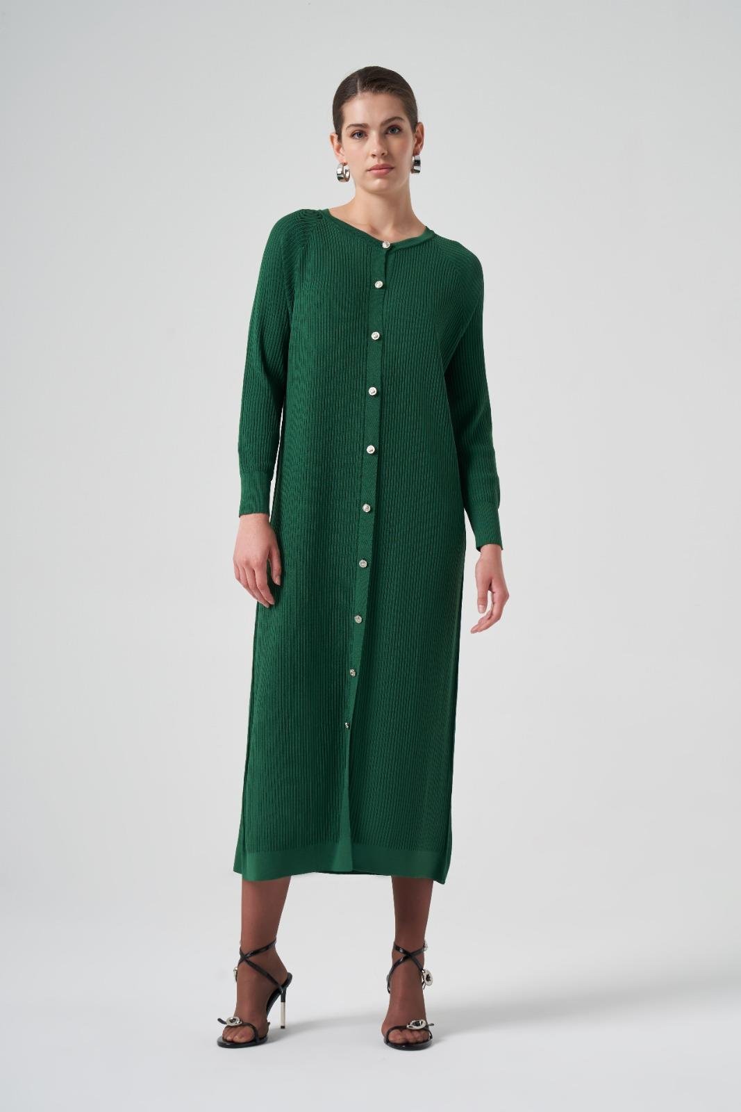 Nuss 1110 Kendinden Çizgili Merserize Uzun Boy Hırka - Zümrüt