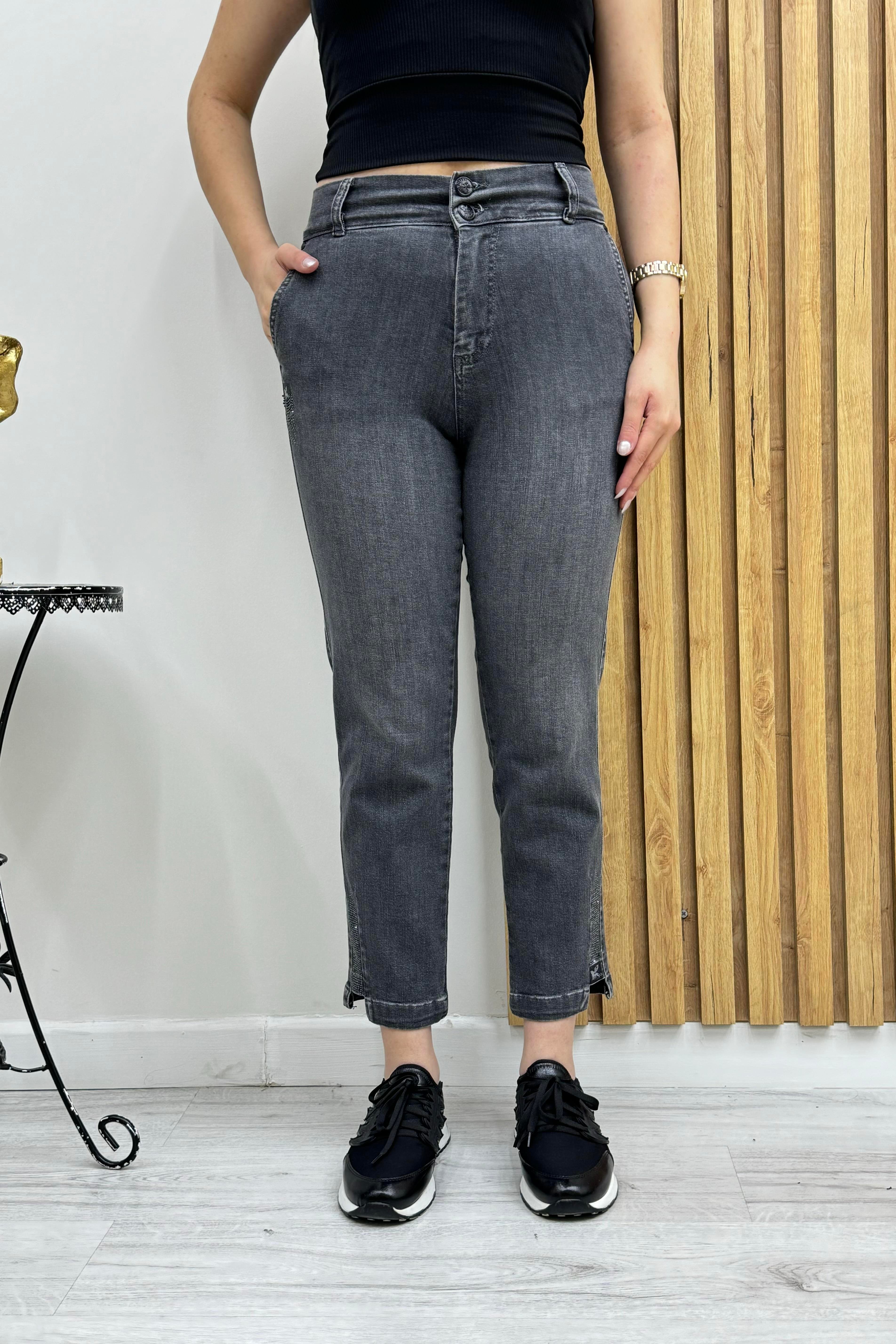 Yüksek Bel Beli Lastikli Taşlı Büyük Beden Pantolon 6001-T - Füme Pantolon  Bilen Giyim
