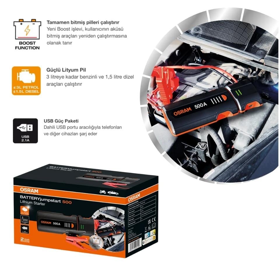OSRAM 12V AKÜ TAKVİYE CİHAZI (BOOSTER) (500A) (USB-C 2.4 A) (USB-A 2.4 A POWERBANK) (LED IŞIK)