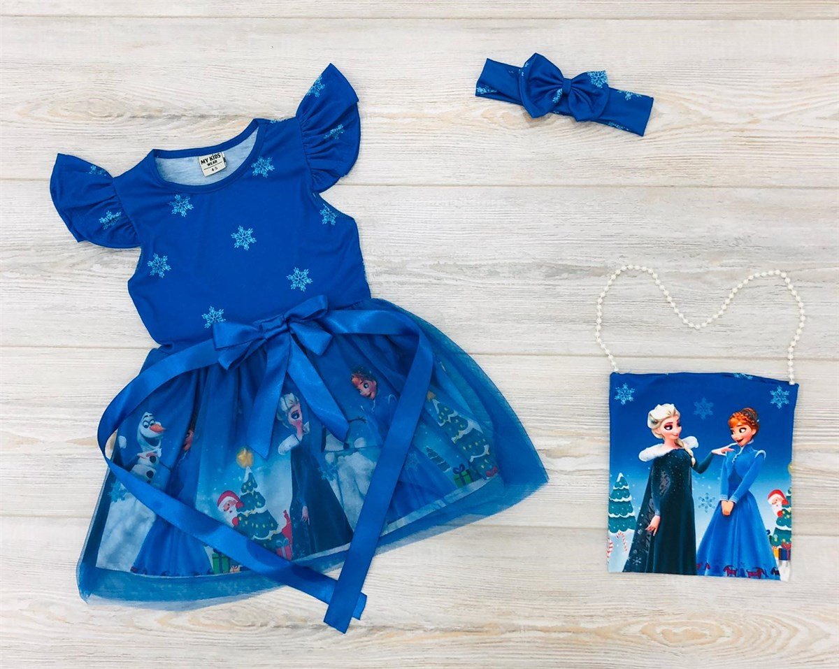 Cicim Moda Elsa Frozen Kız Çocuk Elbise Çantalı Saç Bantlı