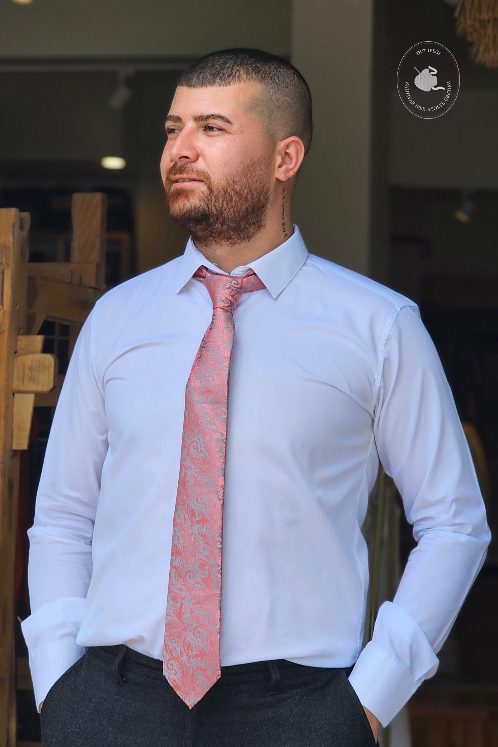 Gri Pembe Desenli İpek Mendilli Kravat  Bahtiyar İpek Kravat