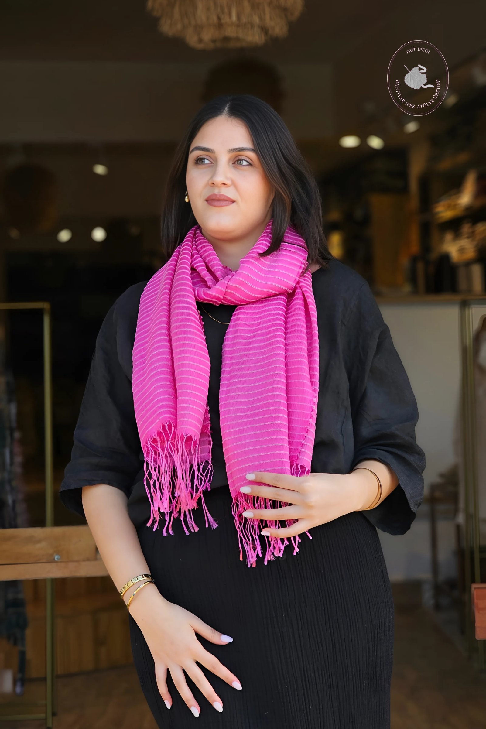 Koyu Pembe Çizgili El Dokuma İpek Şal  Bahtiyar İpek Şal