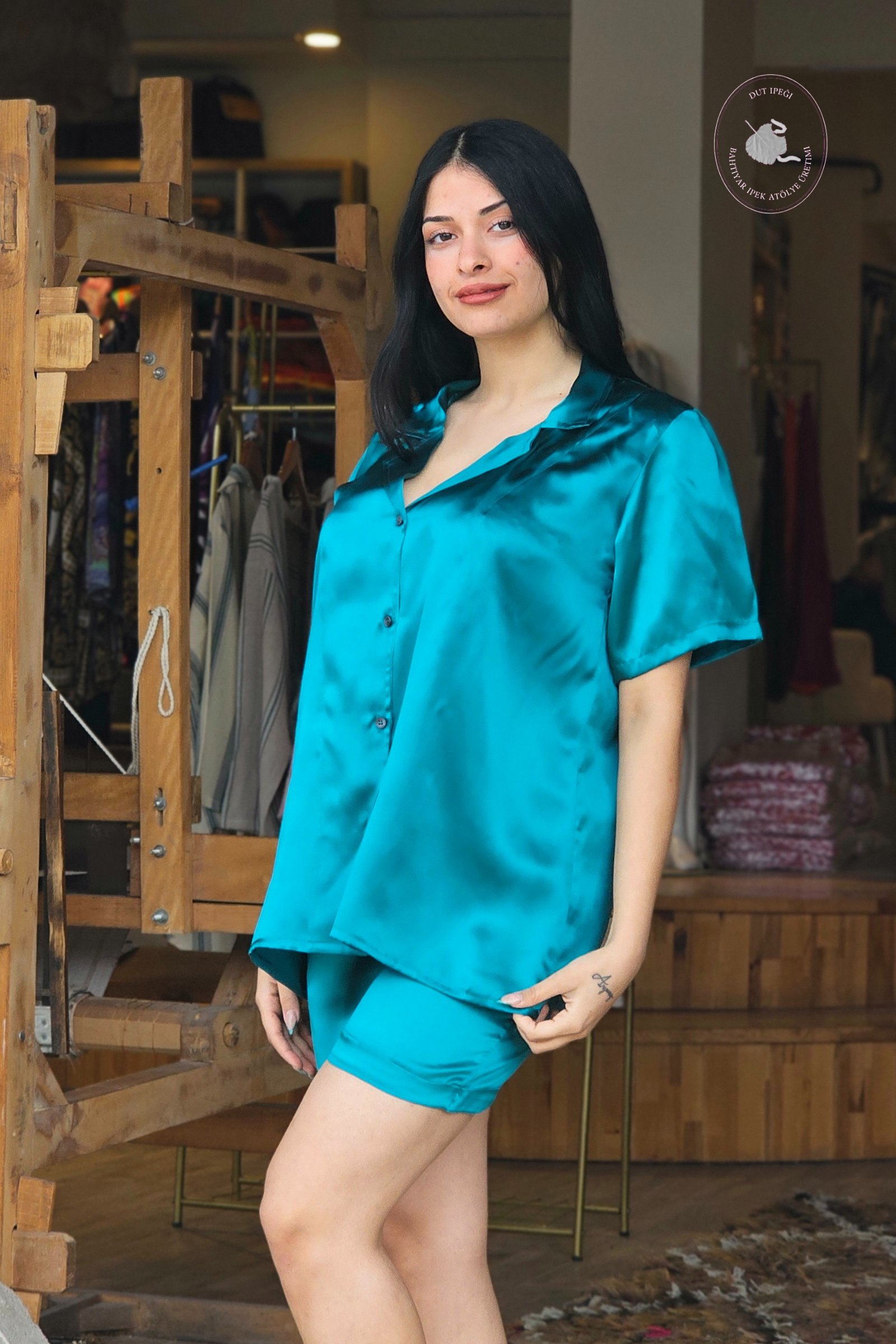 Petrol Yeşili Şortlu İpek Pijama Takımı  Bahtiyar İpek İpek Pijama Takımı