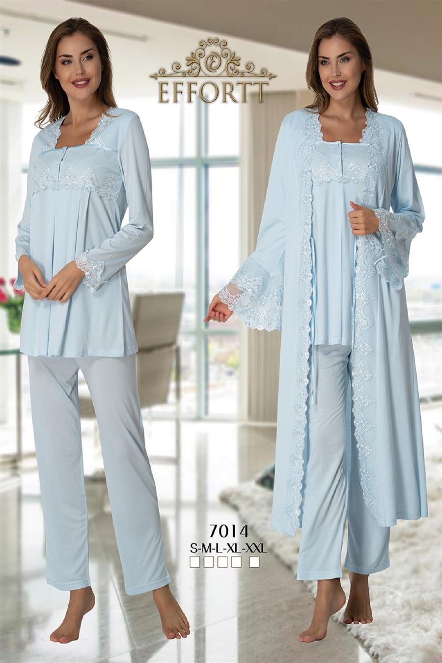 Effortt 7014 Mavi Sabahlıklı Lohusa Pijama Takımı